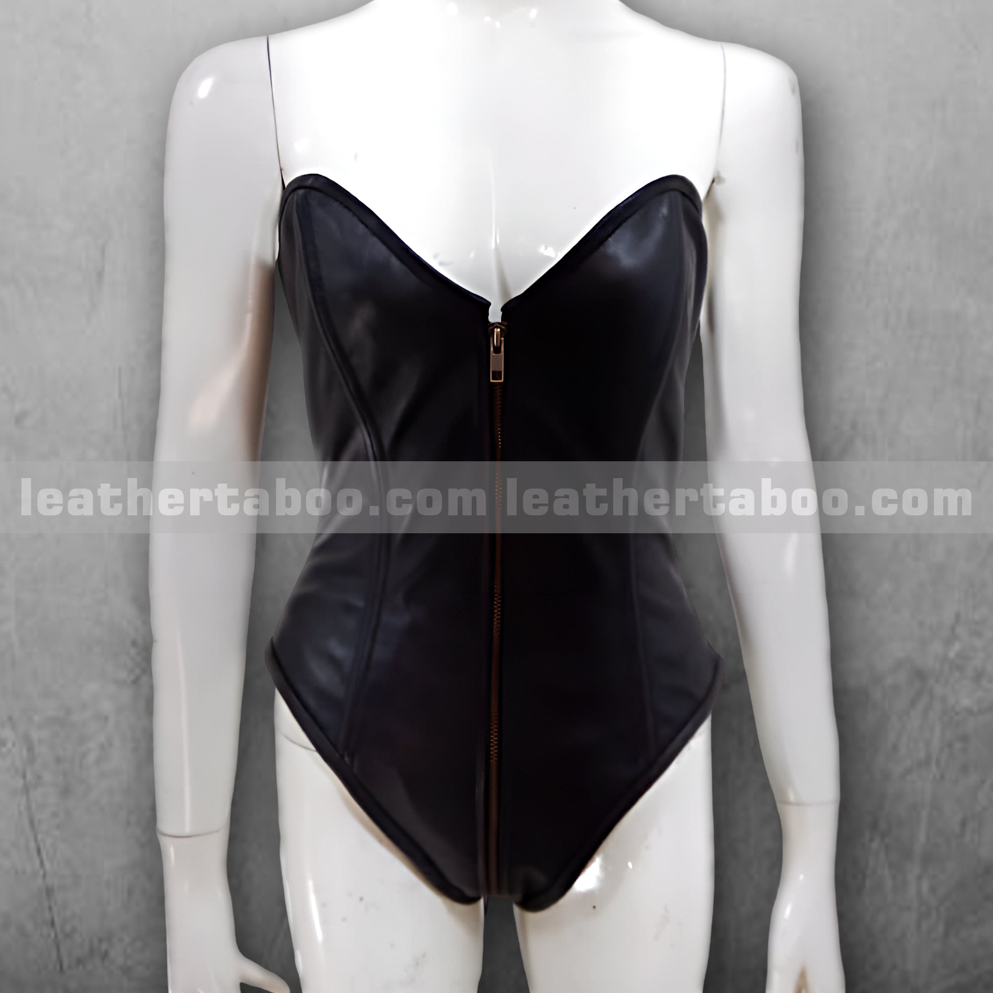 Women's Black Sheepskin Leather Corset Top with Front Zipper and Back Lace-Up | Strapless Bustier Style | Gothic Festival Outfit