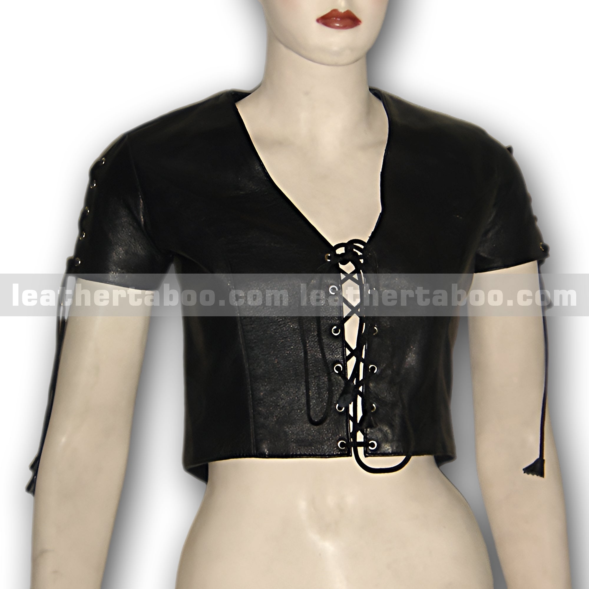 Women's Black Lace-Up Sheepskin Leather Crop Top – Short Sleeve V-Neck Corset Style