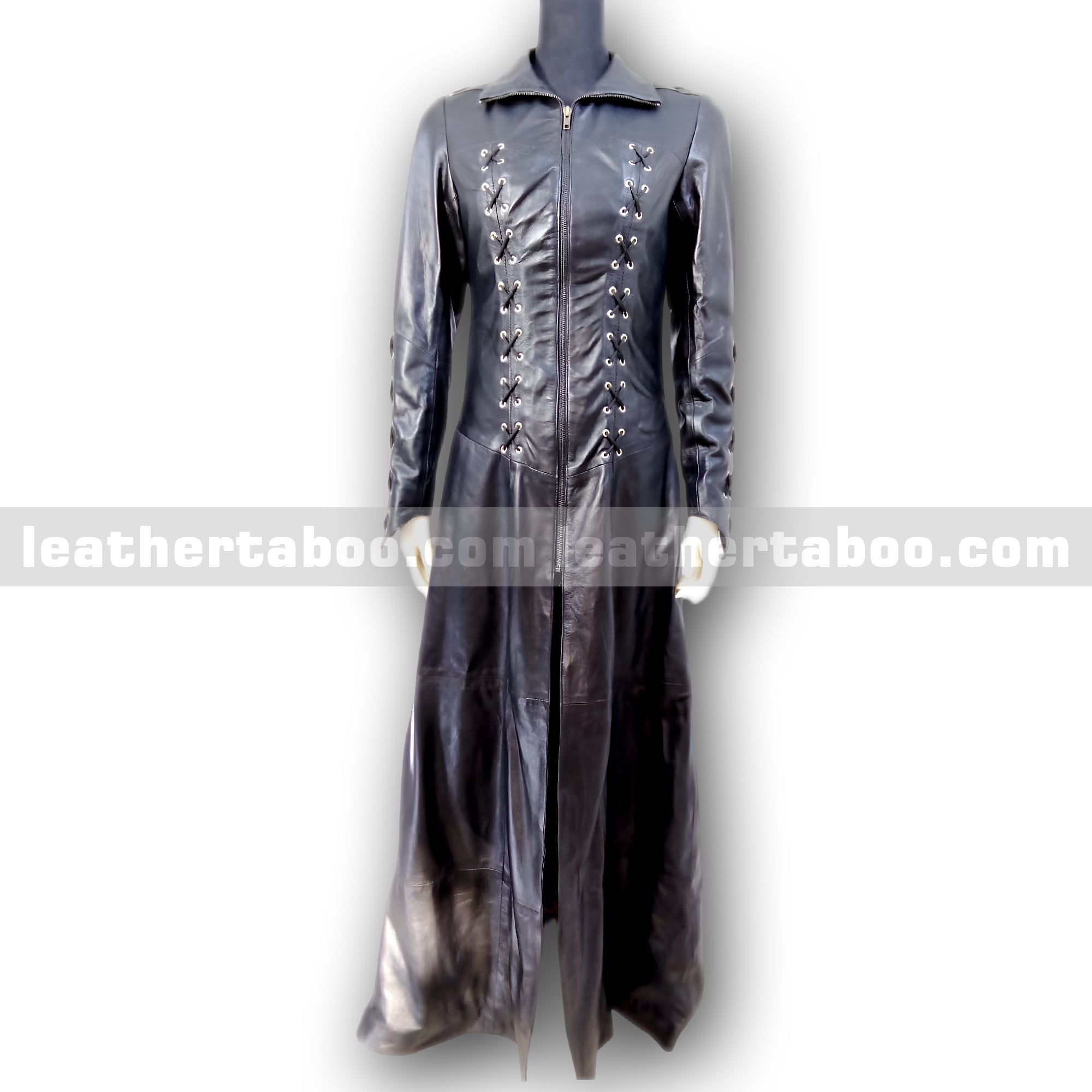 Women's Long Black Leather Trench Coat – Premium Sheepskin, Front Zip, Lace-Up Detail, Full Length Jacket for Stylish Outerwear