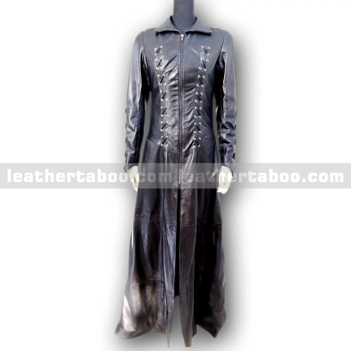 Women's Long Black Leather Trench Coat – Premium Sheepskin, Front Zip, Lace-Up Detail, Full Length Jacket for Stylish Outerwear - leather taboo
