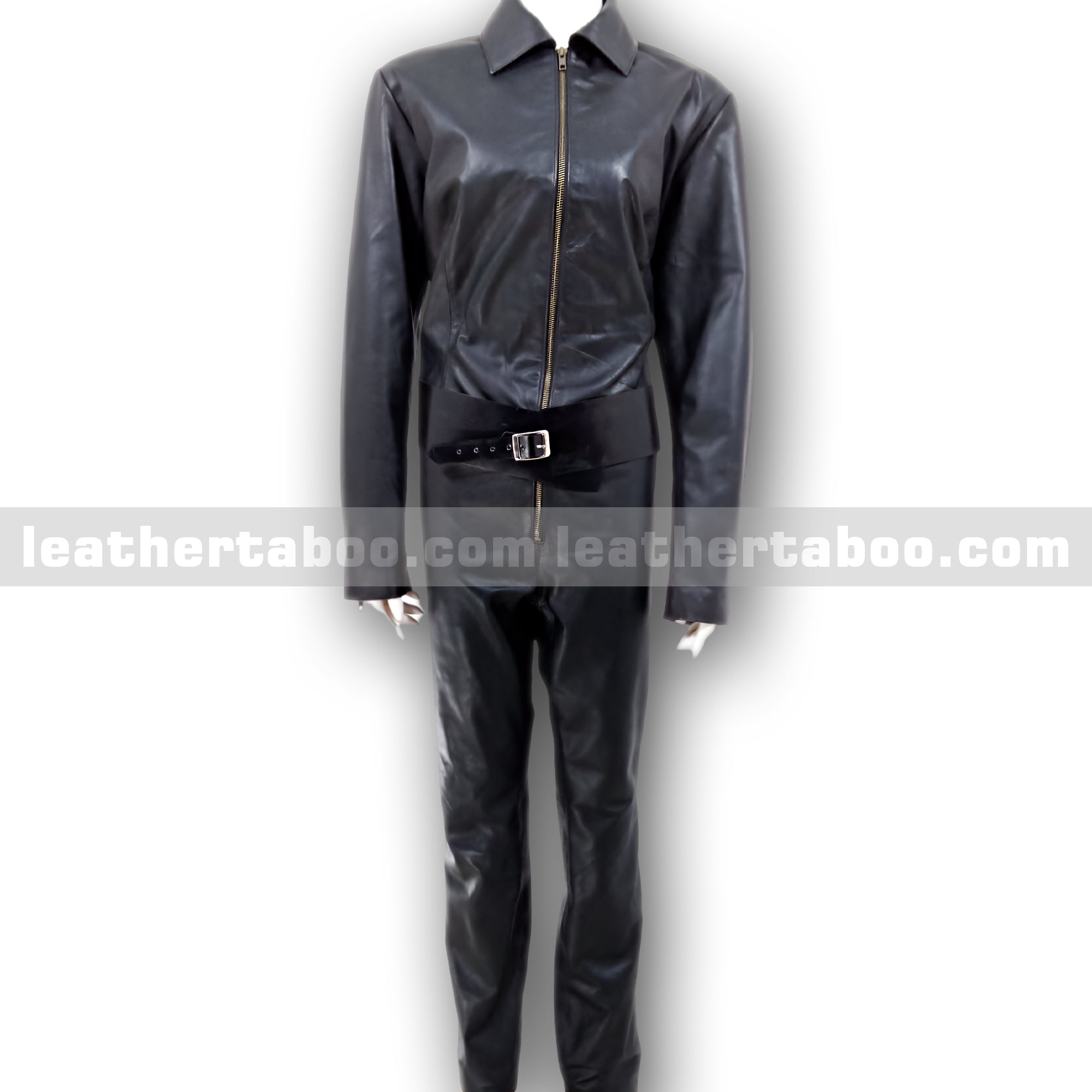 Unisex Black Leather Jumpsuit with Belt – Premium Sheepskin, Zip Front, Long Sleeve, Full Length One-Piece Leather Outfit