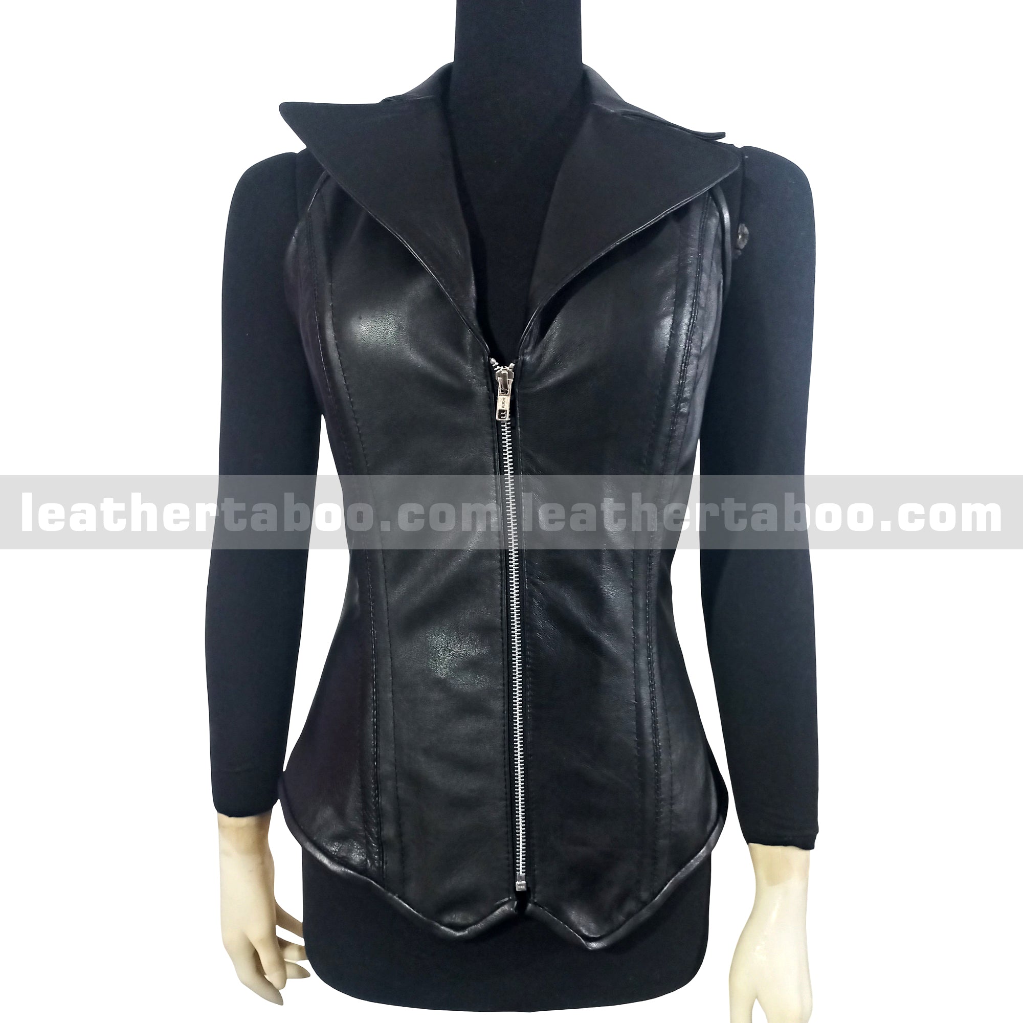Women's Black Sheepskin Leather Vest with Zipper Closure | Stylish Fitted Biker Look - leather taboo