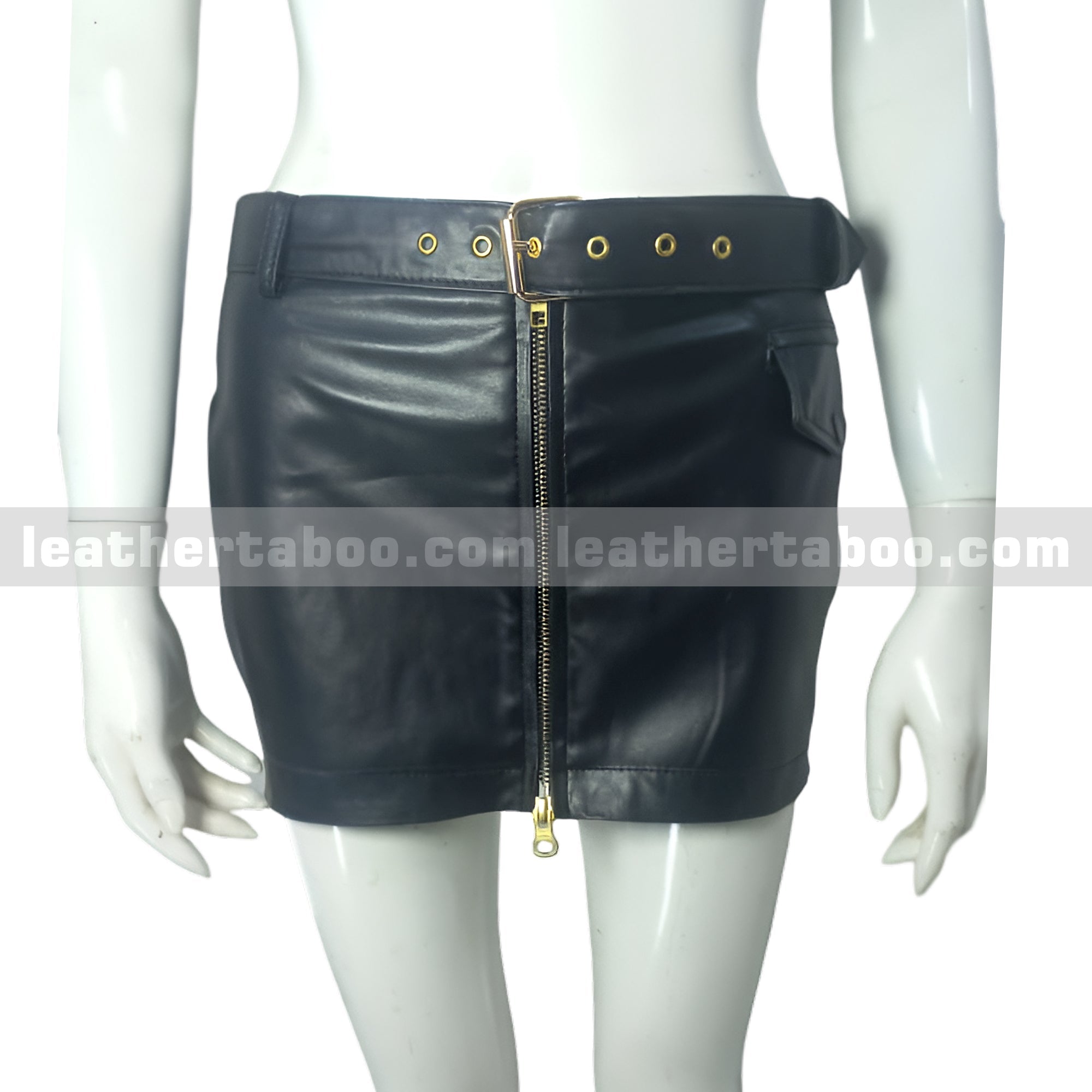 Women's Black Sheepskin Leather Mini Skirt with Front Zipper and Belt | Stylish High Waist Skirt