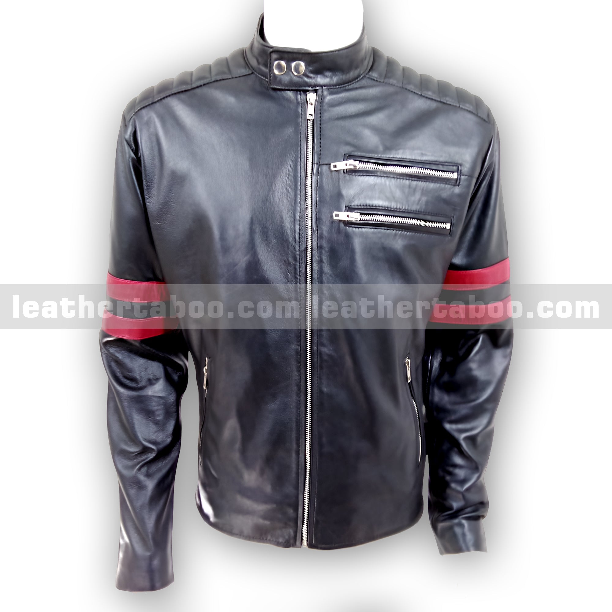 Men's Black Sheepskin Leather Jacket with Red Arm Stripes & Zipper Accents