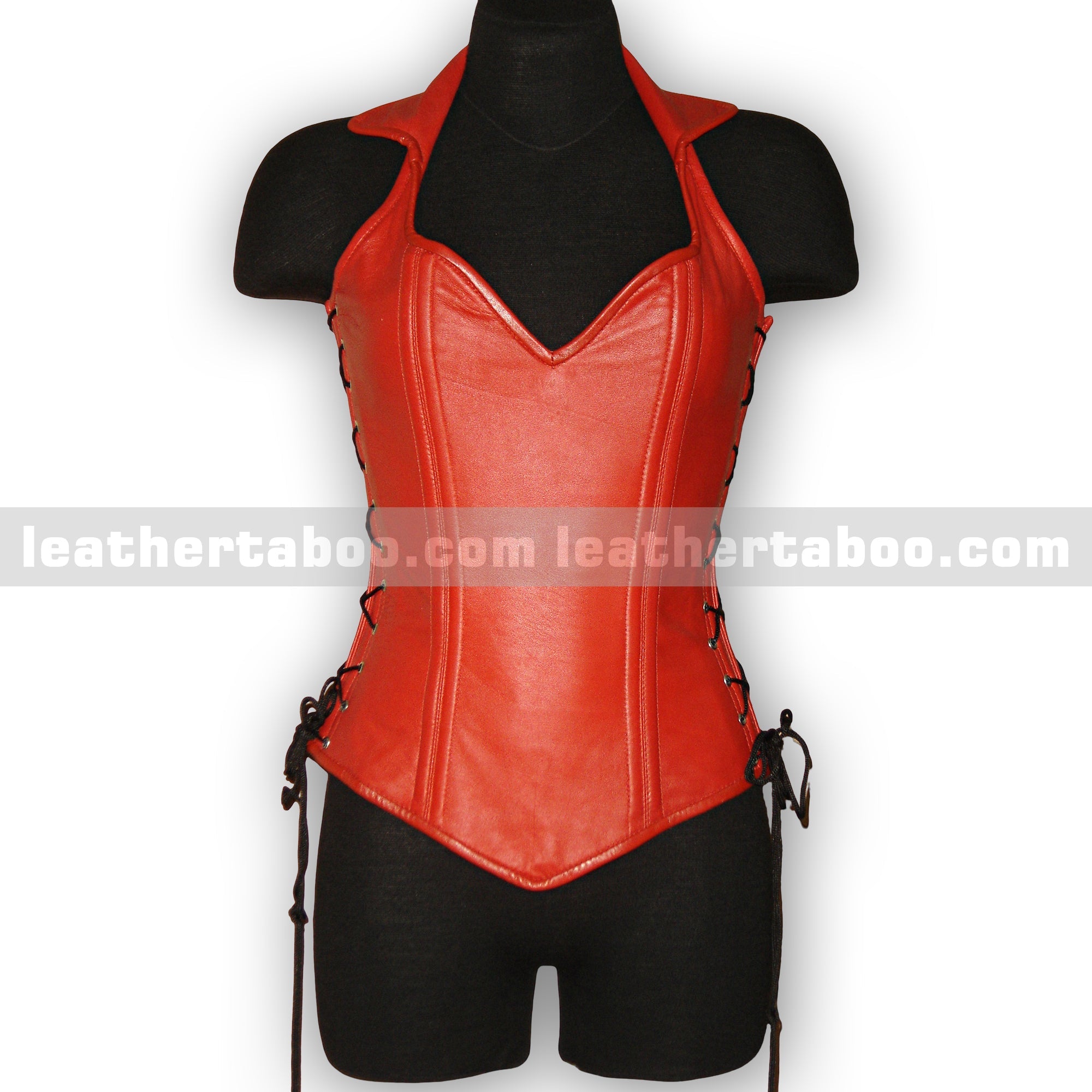 Premium Sheepskin Leather Corset Top for Women – Red Halter Neck with Side Lacing - leather taboo