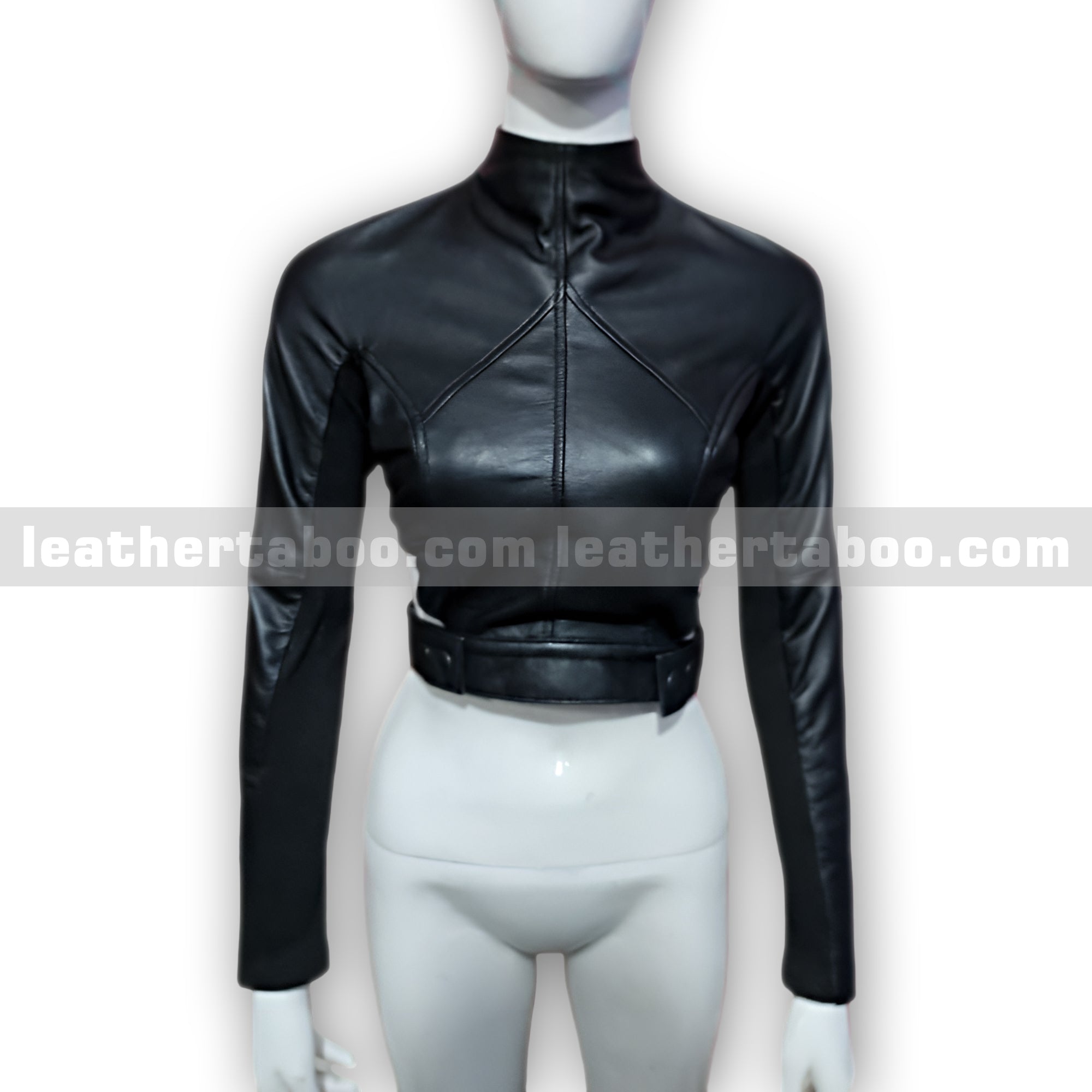 Women's Black Sheepskin Leather Cropped Jacket – High Neck Zip Back Design - leather taboo