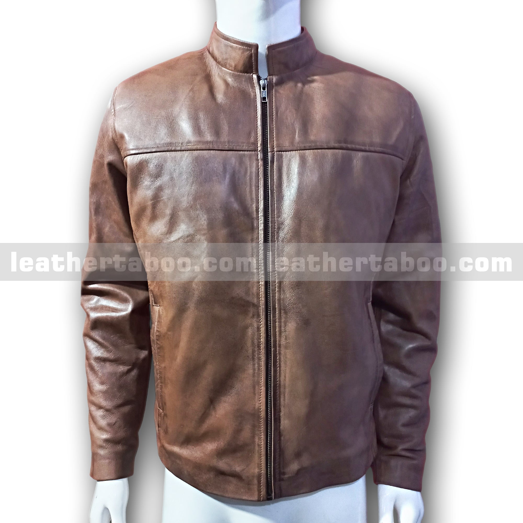 Men's Brown Cowhide Leather Zip-Up Jacket | Classic Stand Collar Design