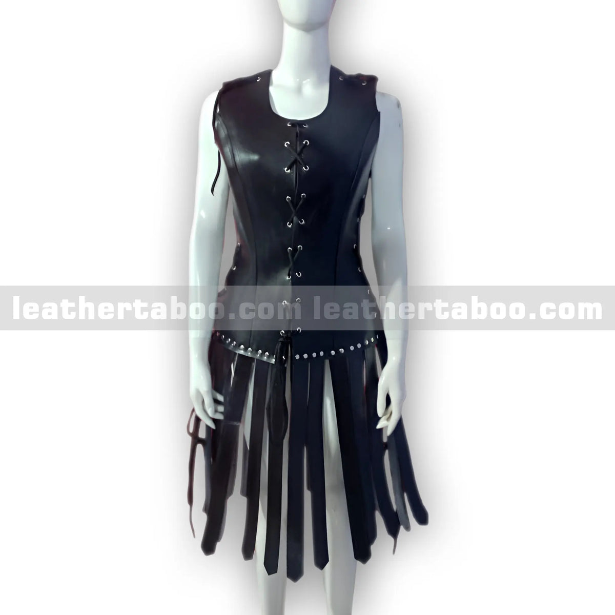 Women’s Black Leather Lace-Up Dress – Gladiator Style with Fringe Skirt - leather taboo