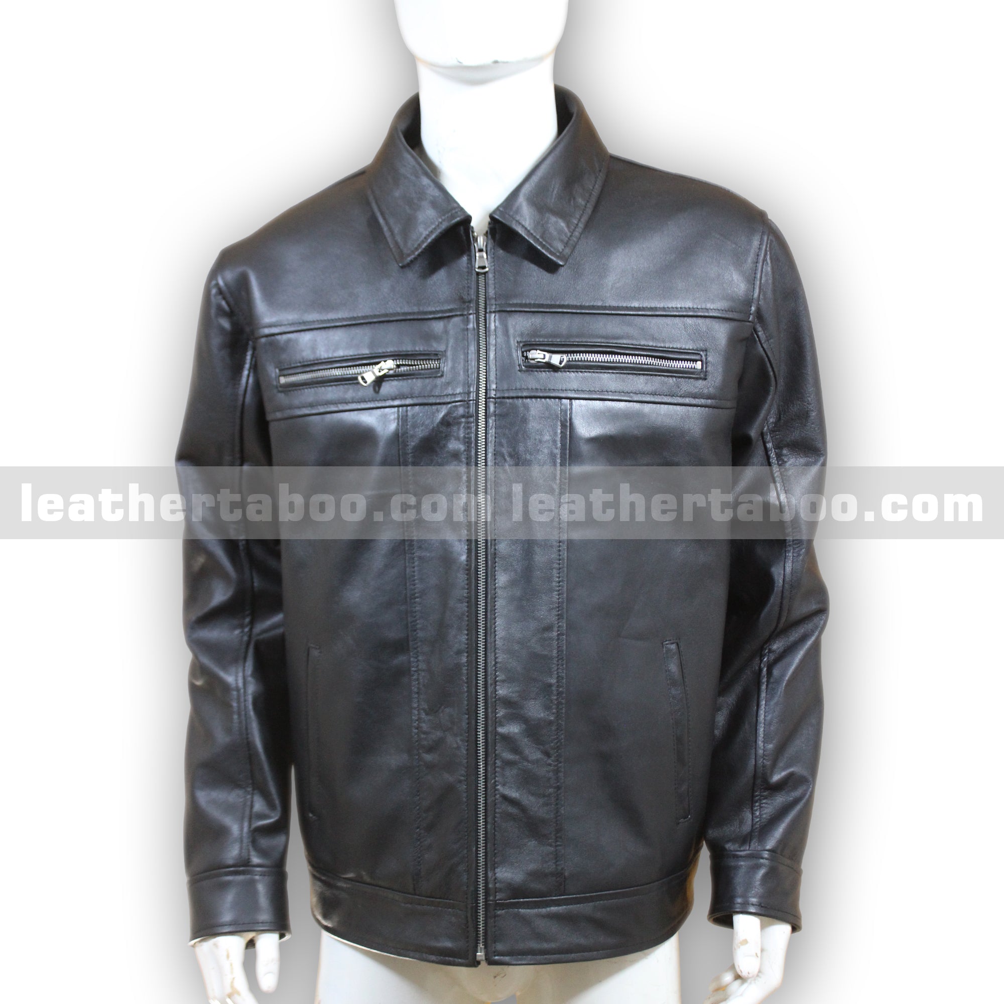 Men's Black Cowhide Leather Zip-Up Jacket with Chest Pockets