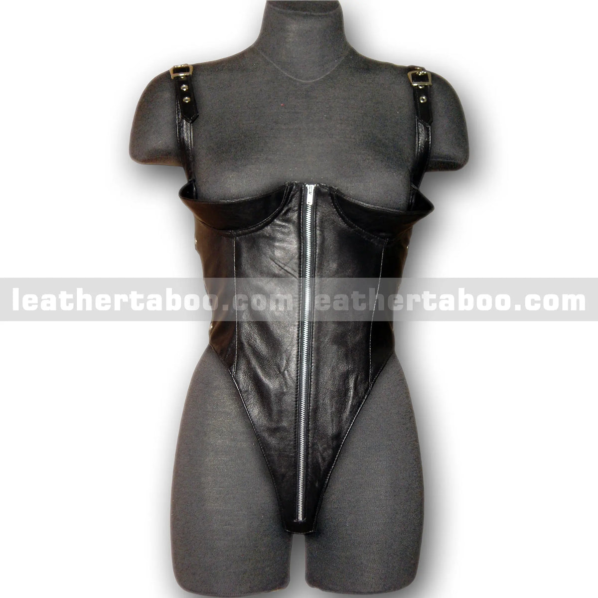 Women's Black Sheepskin Leather Bodysuit with Zipper Front and Adjustable Straps - leather taboo