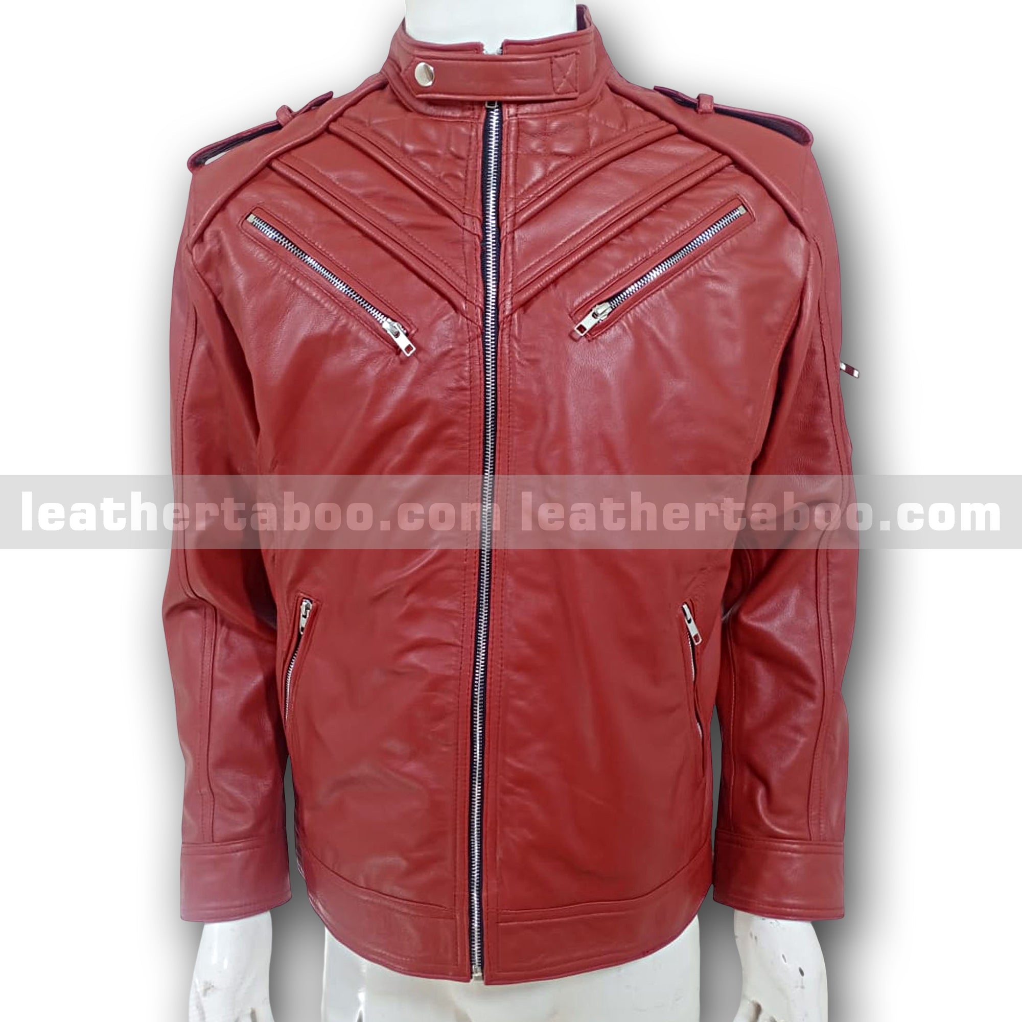 Men’s Premium Red Sheepskin Leather Jacket – Zipper Front Moto Style with Shoulder Detail - leather taboo