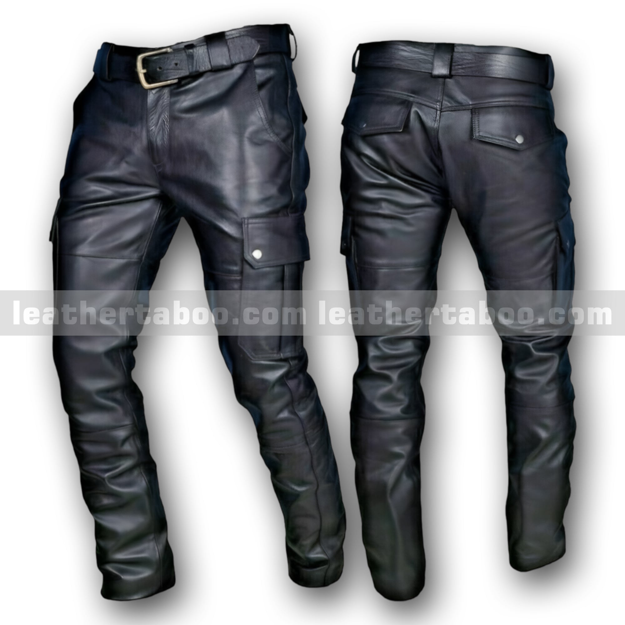 Men’s Black Cowhide Leather Pants with Cargo Pockets, Slim Fit Biker Style Trousers with Belt, Real Leather Streetwear