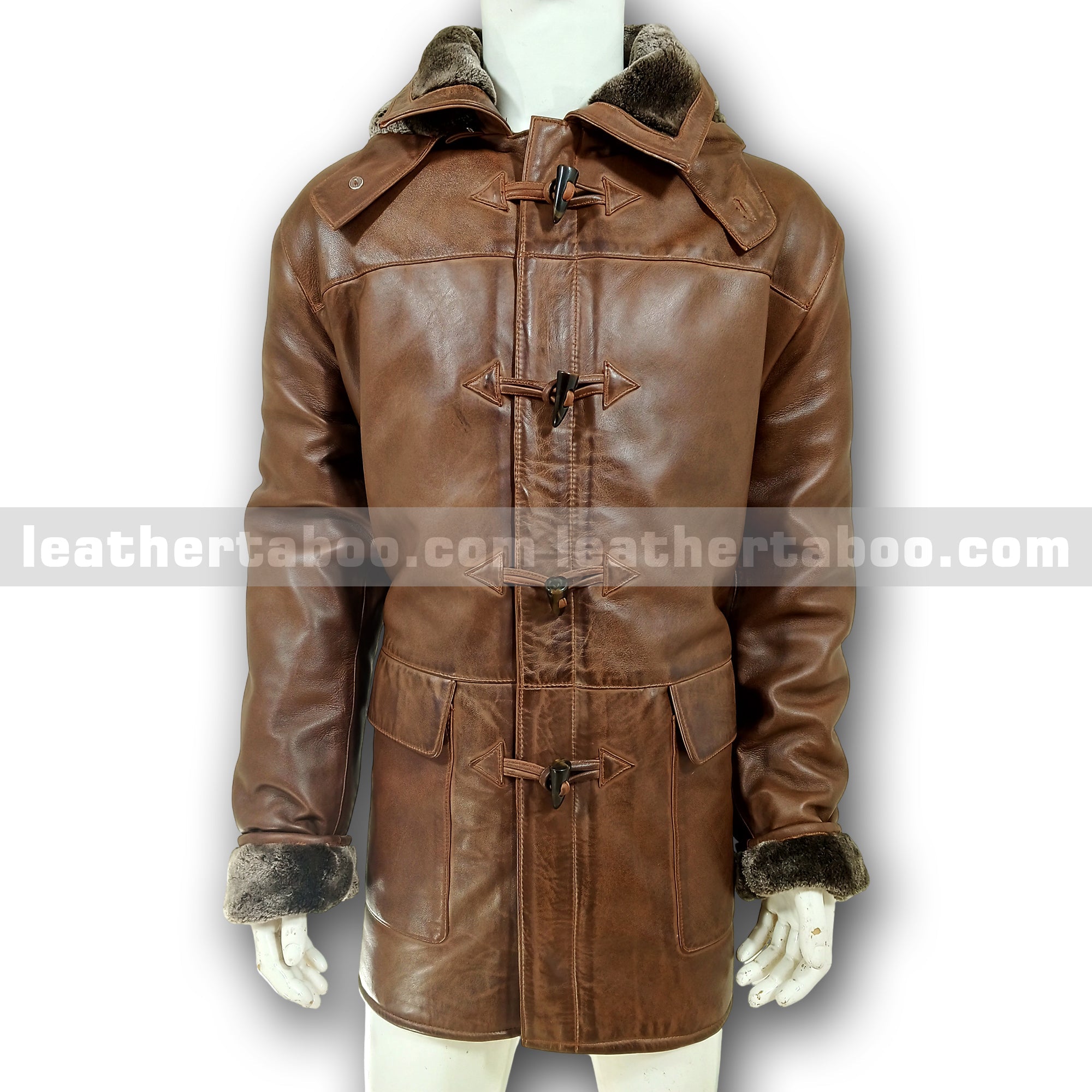 Men’s Premium Sheepskin Leather Coat with Faux Shearling Lined Detachable Hood – Winter Brown Toggle Jacket with Deep Pockets - leather taboo