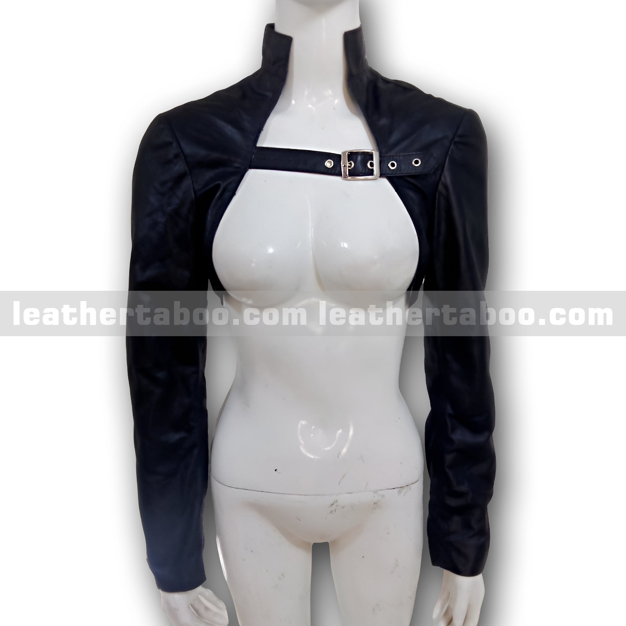 Women’s Premium Sheepskin Leather Bolero Shrug Jacket with High Collar and Front Buckle Strap – Stylish Cropped Sleeve Cover
