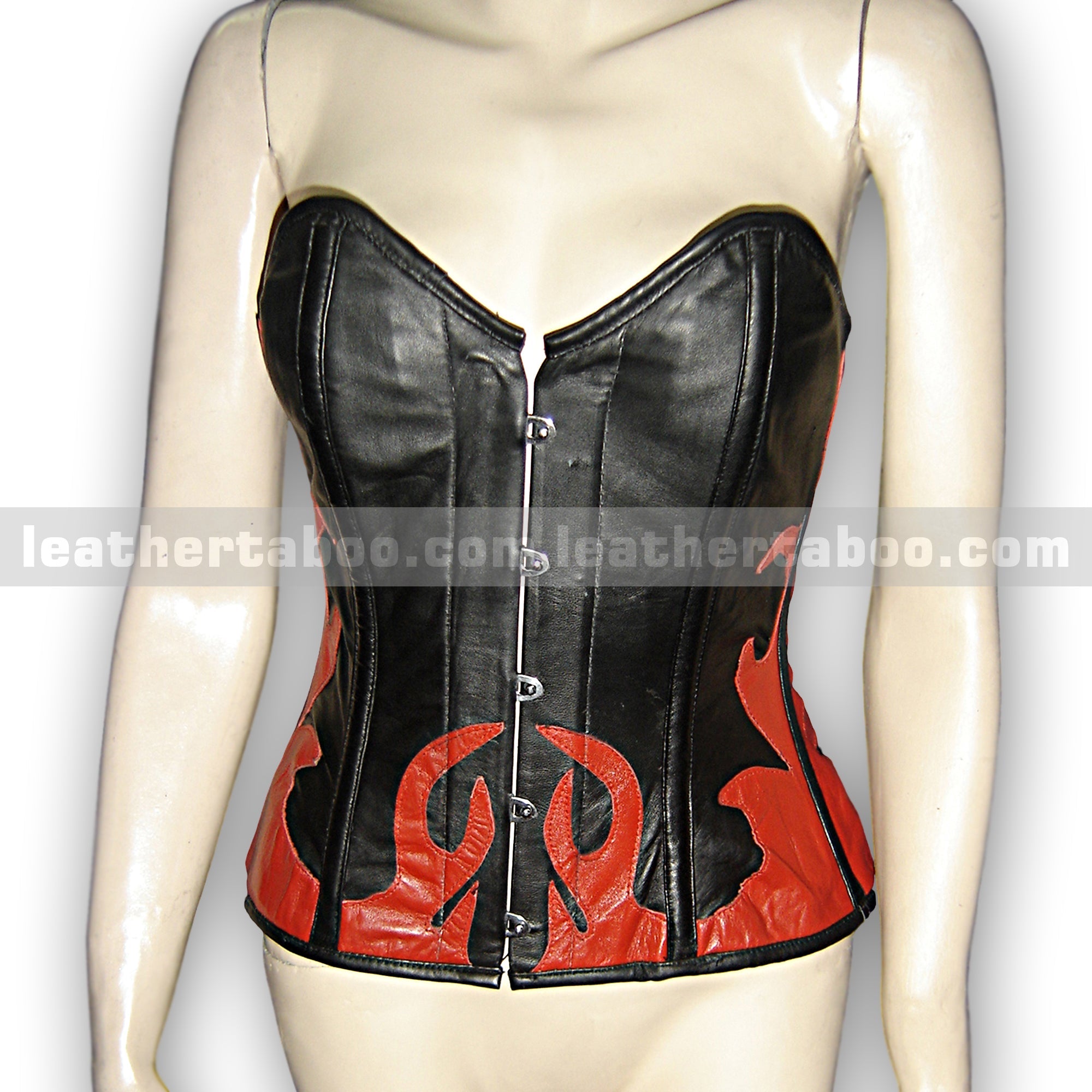 Black & Red Premium Sheepskin Leather Corset Top for Women – Bustier Style with Flame Pattern and Lace-Up Back