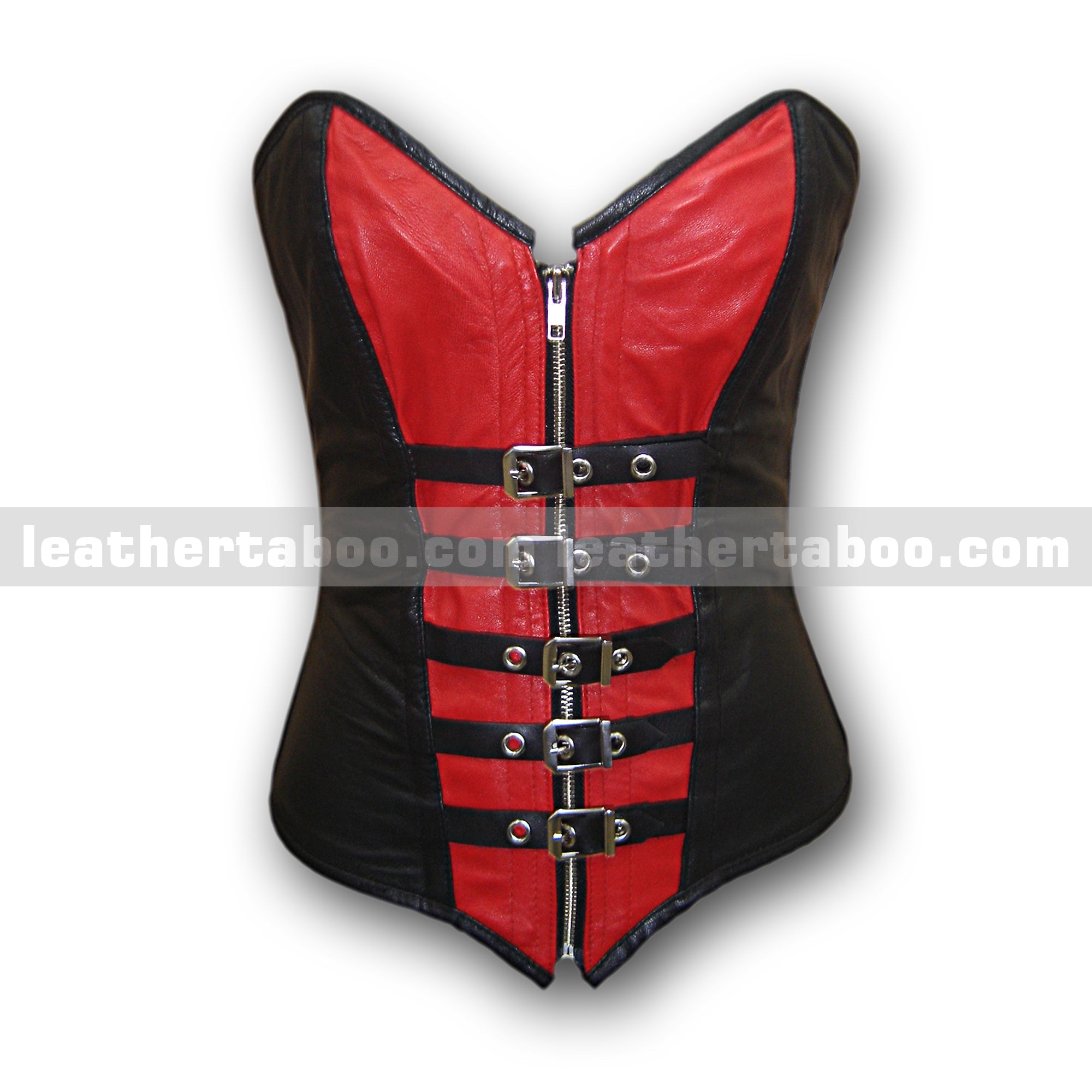 Women's Premium Sheepskin Leather Corset Top – Black and Red with Buckle & Zipper Details - leather taboo