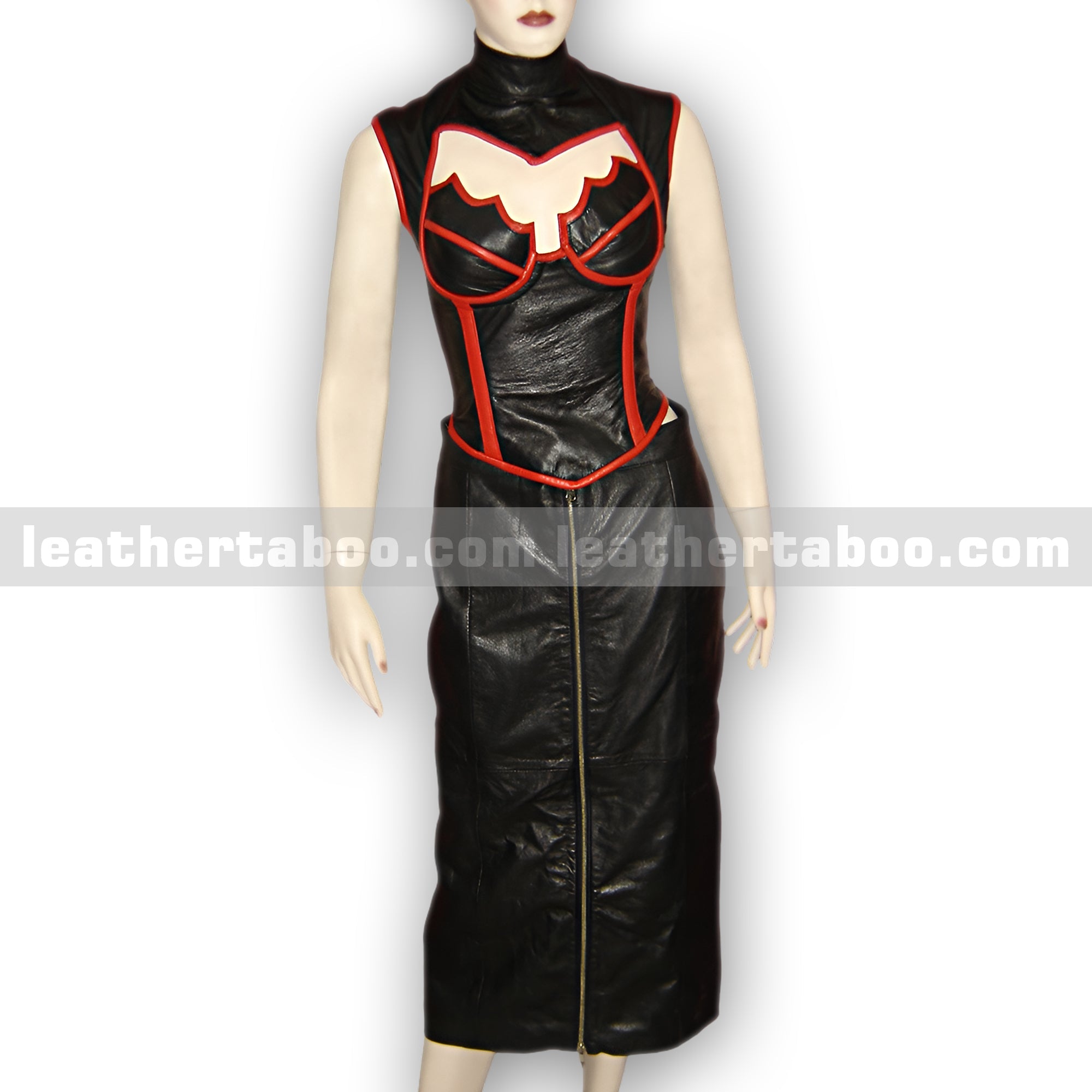 Premium Sheepskin Leather Corset Dress for Women – High Neck Style with Red Trim, Front Zipper Skirt – Elegant Statement Piece - leather taboo