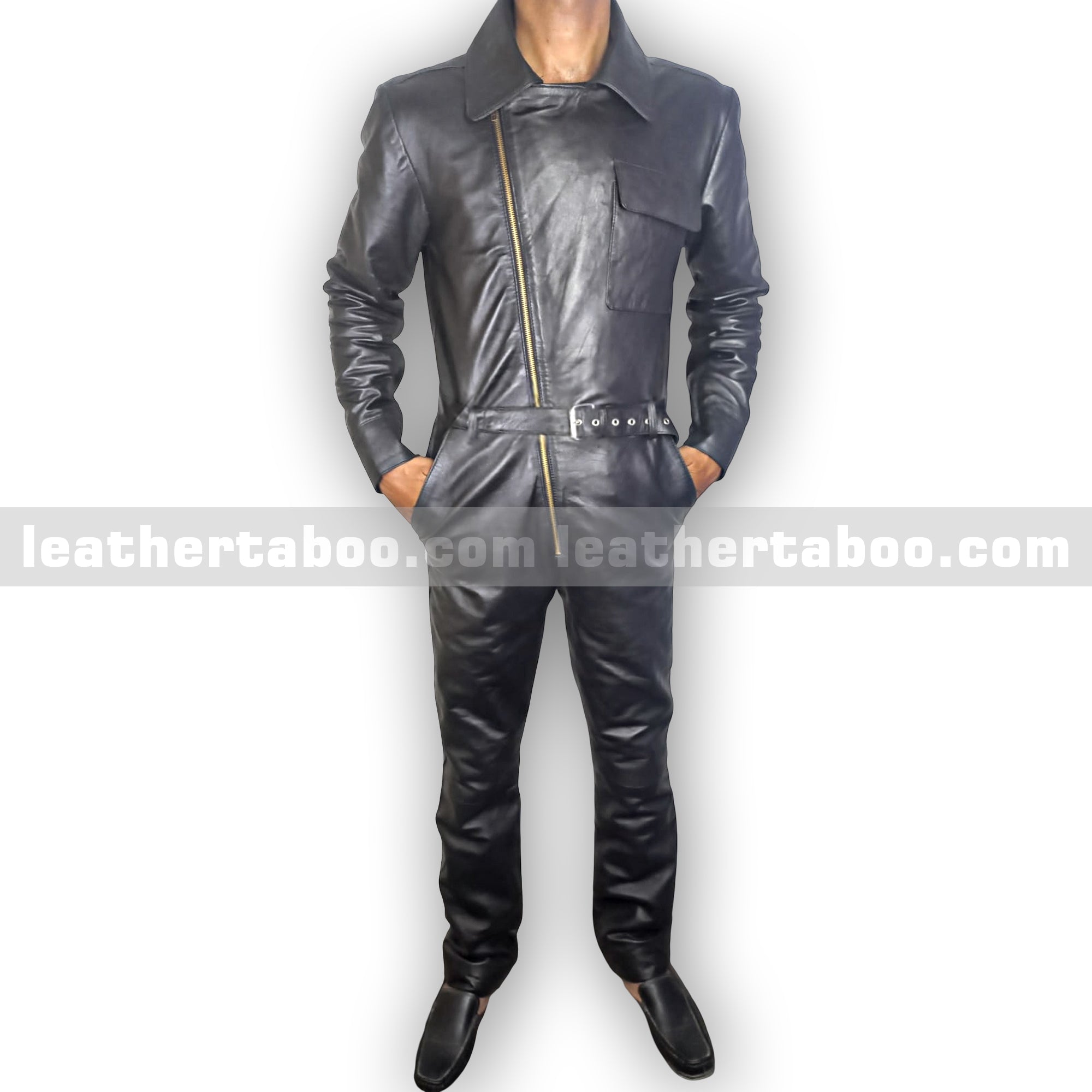 Men’s Premium Sheepskin Leather Jumpsuit with Asymmetric Zipper and Belt – Black Utility Style One-Piece Outfit - leather taboo