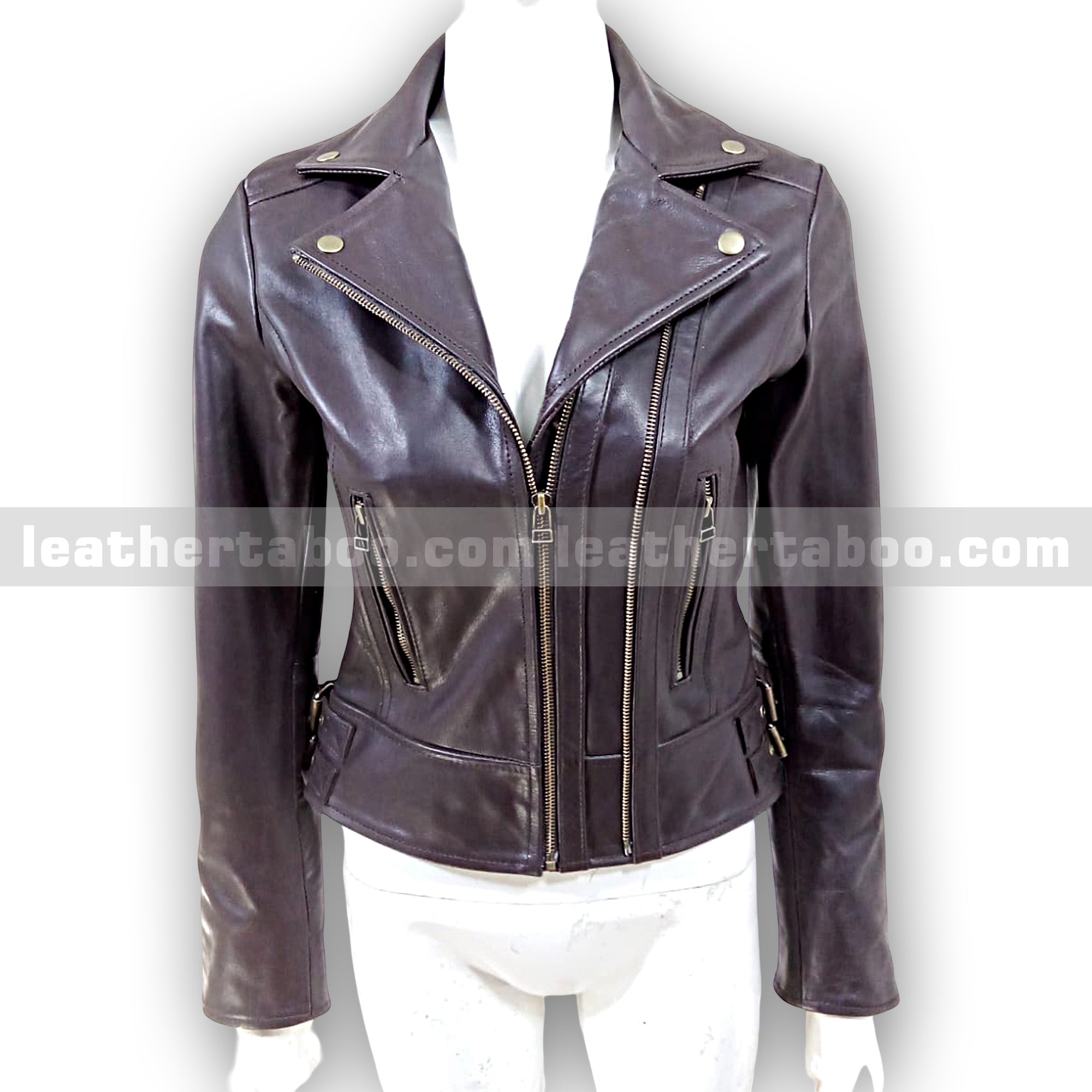 Women's Premium Sheepskin Leather Biker Jacket – Classic Black Moto Style with Zipper Pockets and Side Buckles