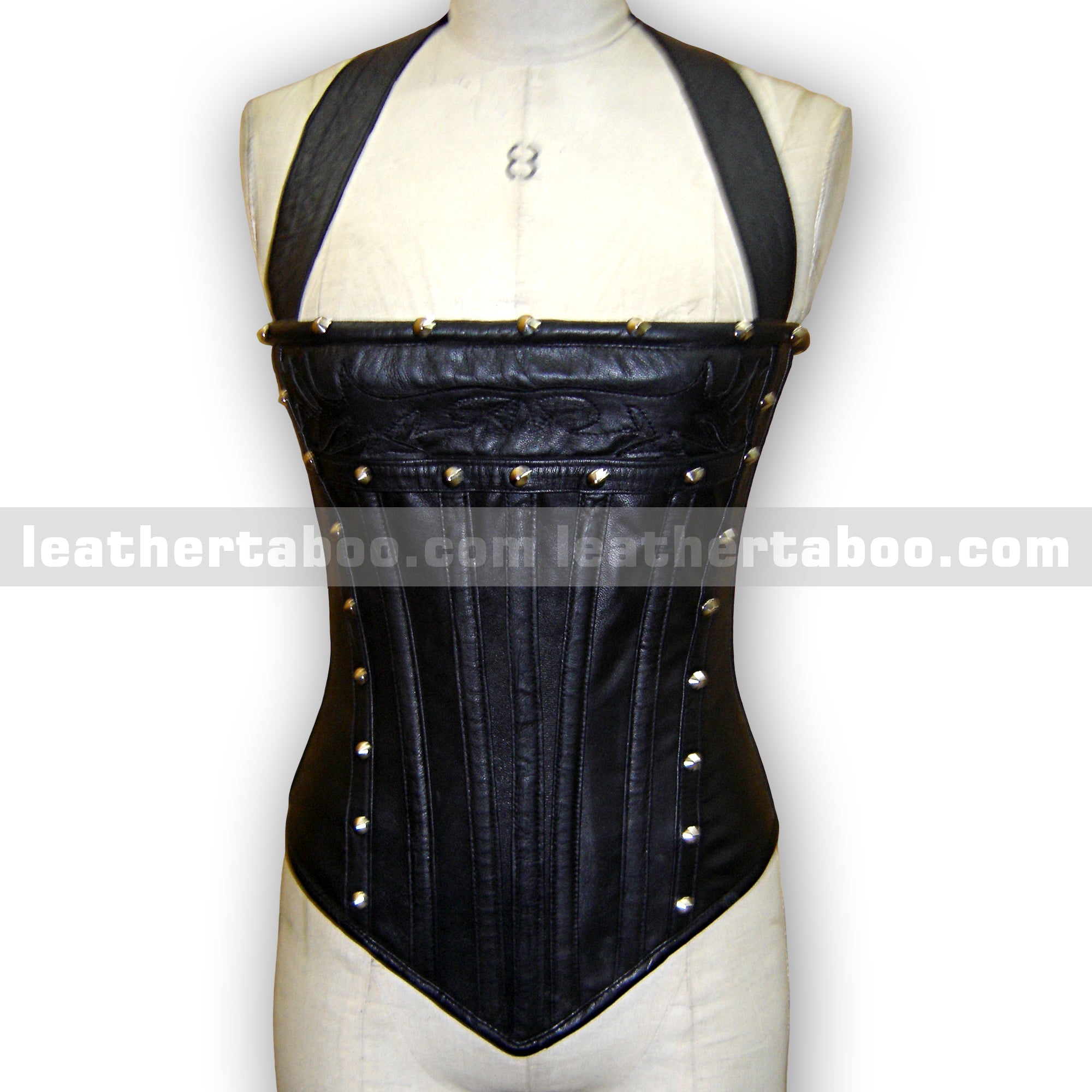 Women's Sheepskin Leather Corset Top with Stud Details | Black Fitted Waist Cincher | Halter Neck Leather Bustier | Structured Design - leather taboo