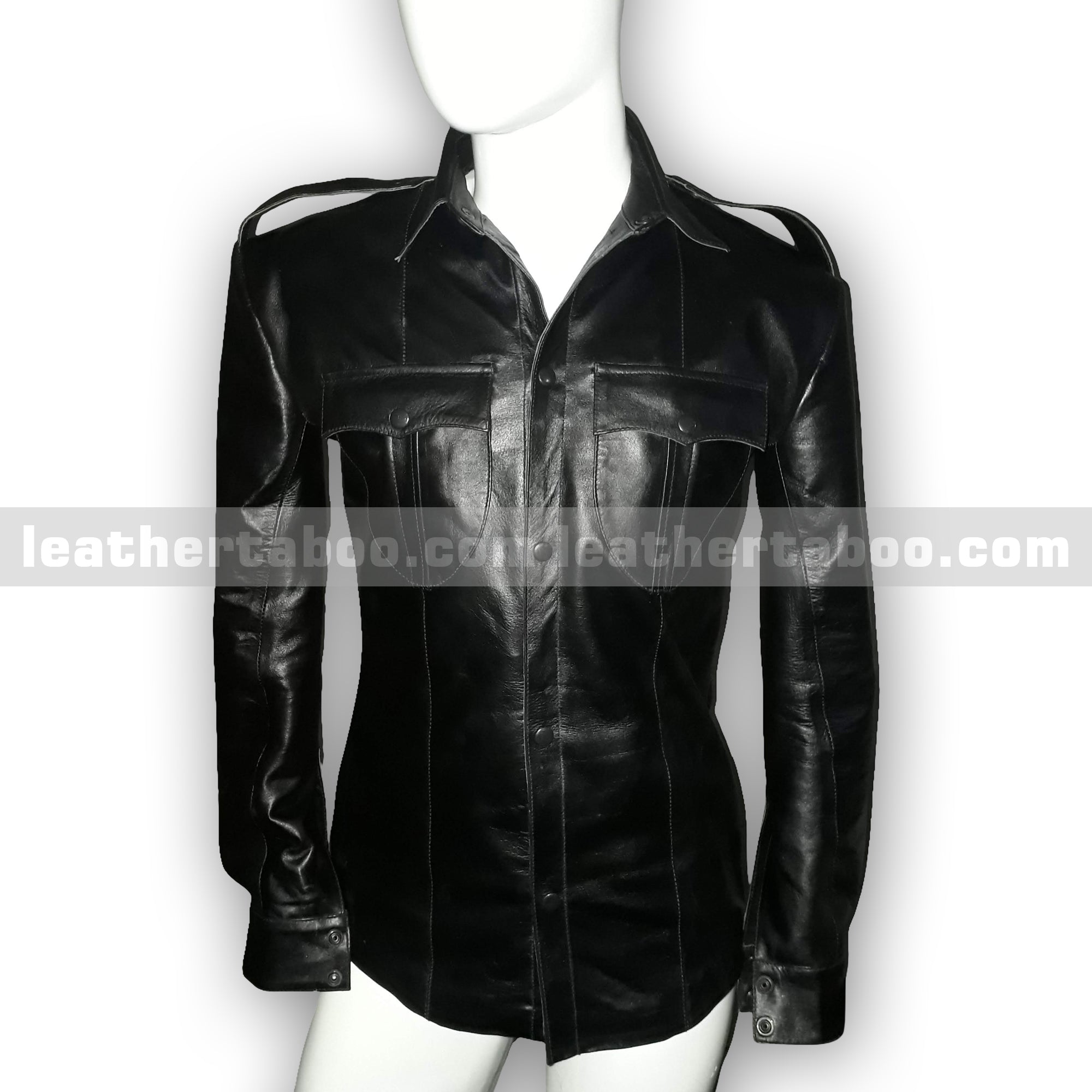 Men’s Premium Cowhide Leather Shirt with Shoulder Cutouts – Button-Up Military Style– Stylish Outerwear