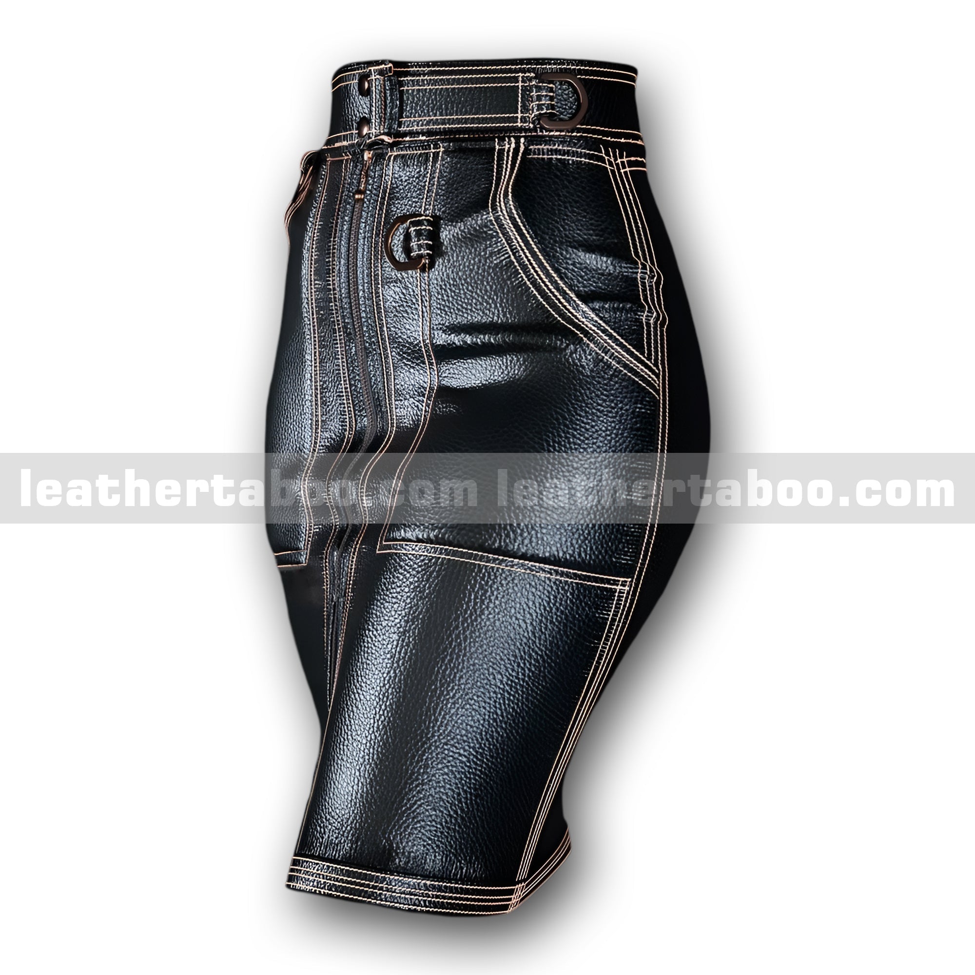 Women's Premium Cowhide Leather High-Waisted Skirt with Front Slit, Belted Waist & Contrast Stitching – Black Leather Skirt
