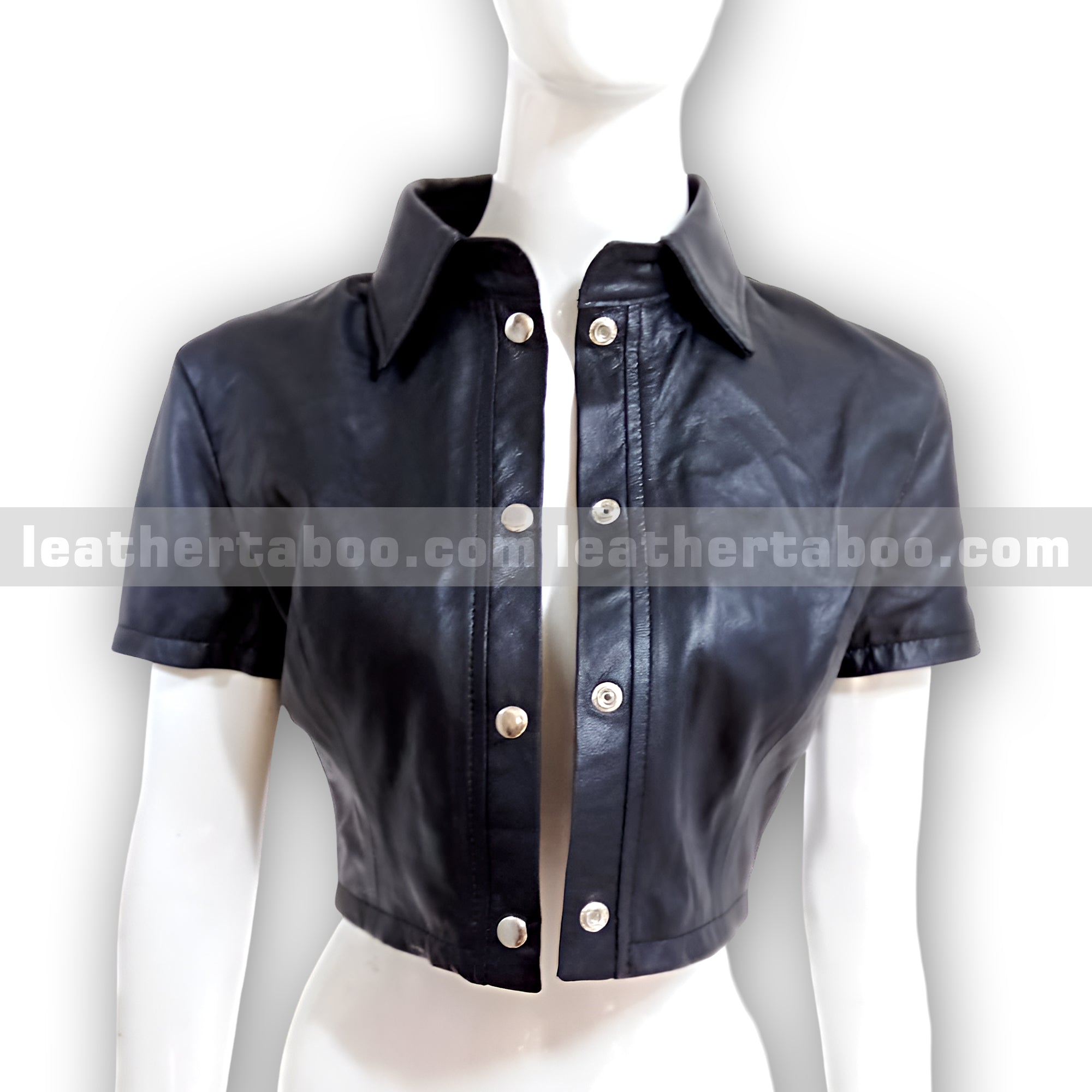 Women's Black Leather Cropped Shirt | Short Sleeve Button Up Sheepskin Top | Collared Leather Blouse for Casual & Streetwear Look - leather taboo