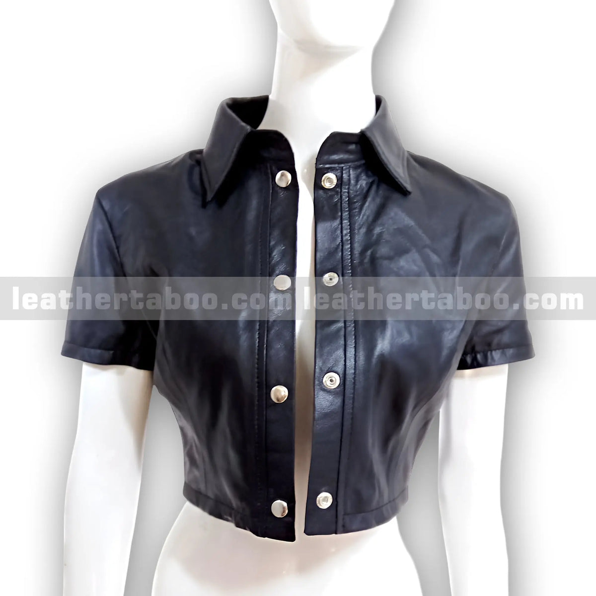 Women's Black Leather Cropped Shirt | Short Sleeve Button Up Sheepskin Top | Collared Leather Blouse for Casual & Streetwear Look - leather taboo