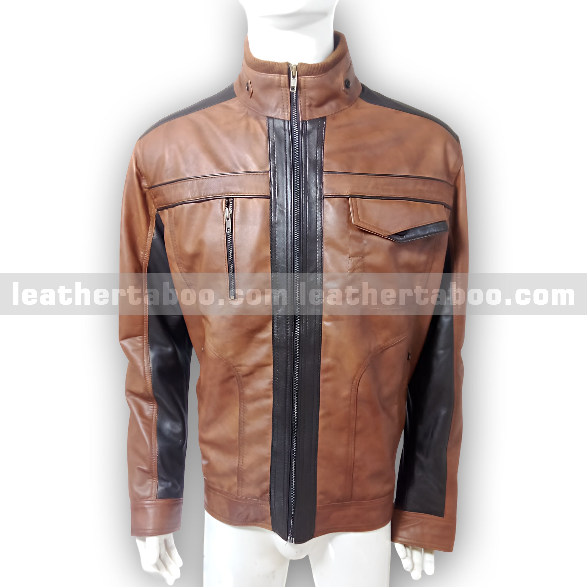 Men's Premium Sheepskin Leather Brown Jacket with Black Contrast Panels – Slim Fit Outerwear with Zipper - leather taboo
