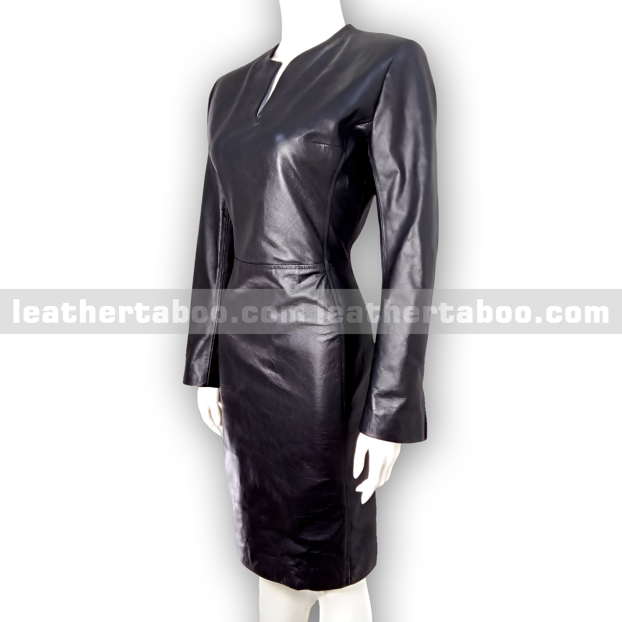 Women's Premium Sheepskin Leather Bodycon Dress – Black Fitted Long Sleeve Dress with V-Neck Detail for Elegant Styling - leather taboo