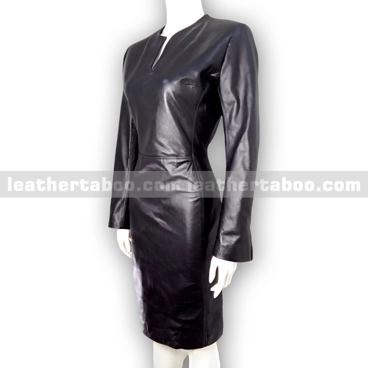 Women's Premium Sheepskin Leather Bodycon Dress – Black Fitted Long Sleeve Dress with V-Neck Detail for Elegant Styling - leather taboo