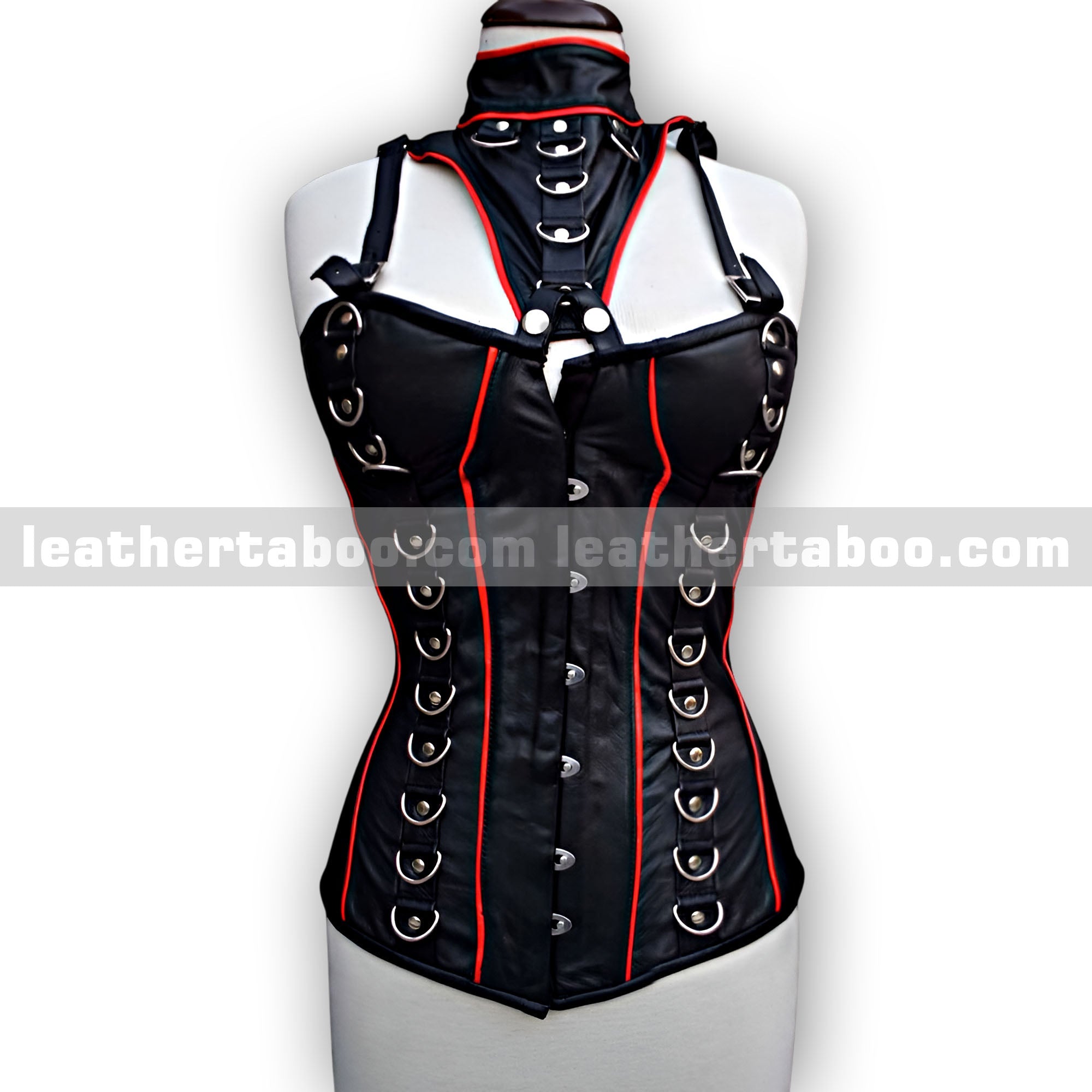 Women's Black Sheepskin Leather Corset Top with Red Trim and Buckle Details | Adjustable Lace Back | Premium Real Leather Wear - leather taboo