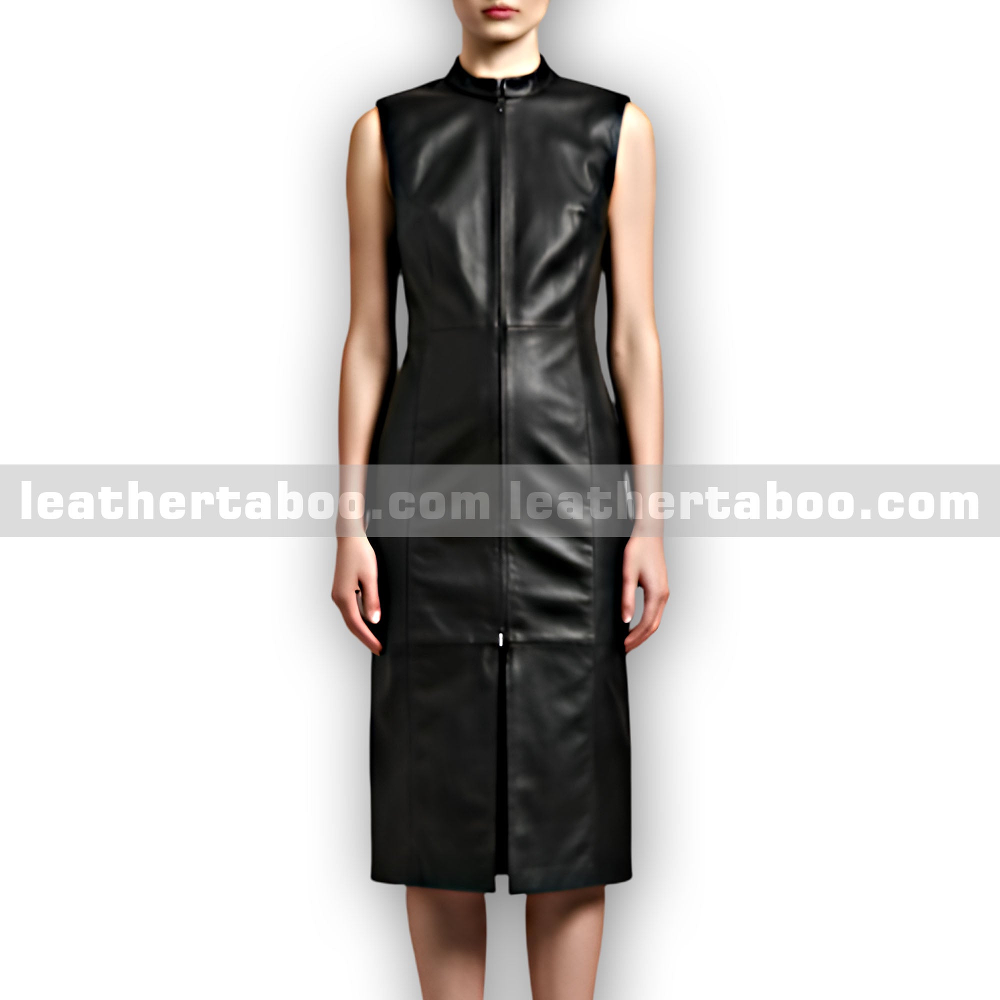 Women's Black Sheepskin Leather Midi Dress with Front Zipper | Sleeveless Bodycon Leather Dress | Premium Genuine Leather Outfit - leather taboo