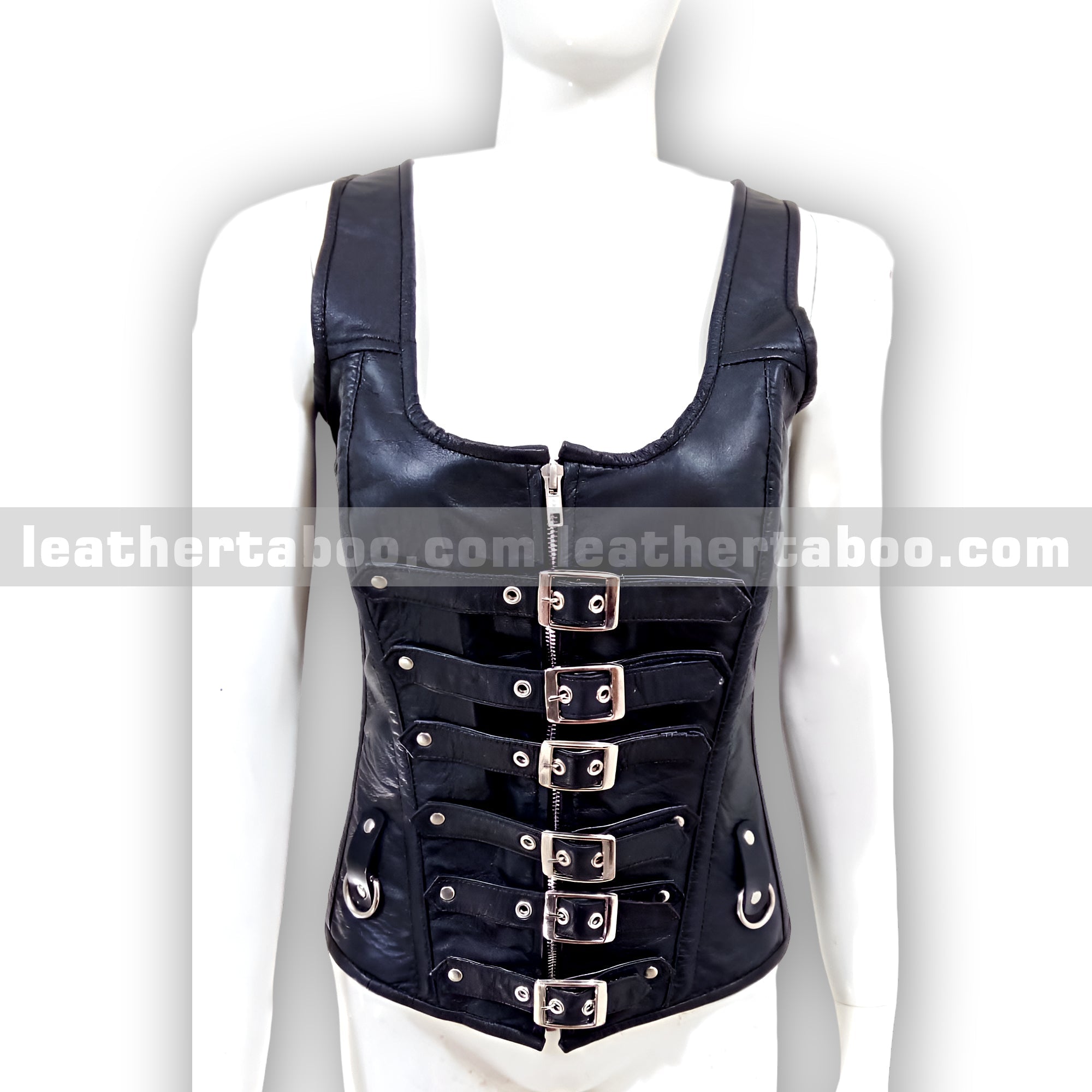 Women's Black Premium Sheepskin Leather Corset Top – Buckled Front with Zip & Adjustable Lace-Up Back for Events, Cosplay, Styling