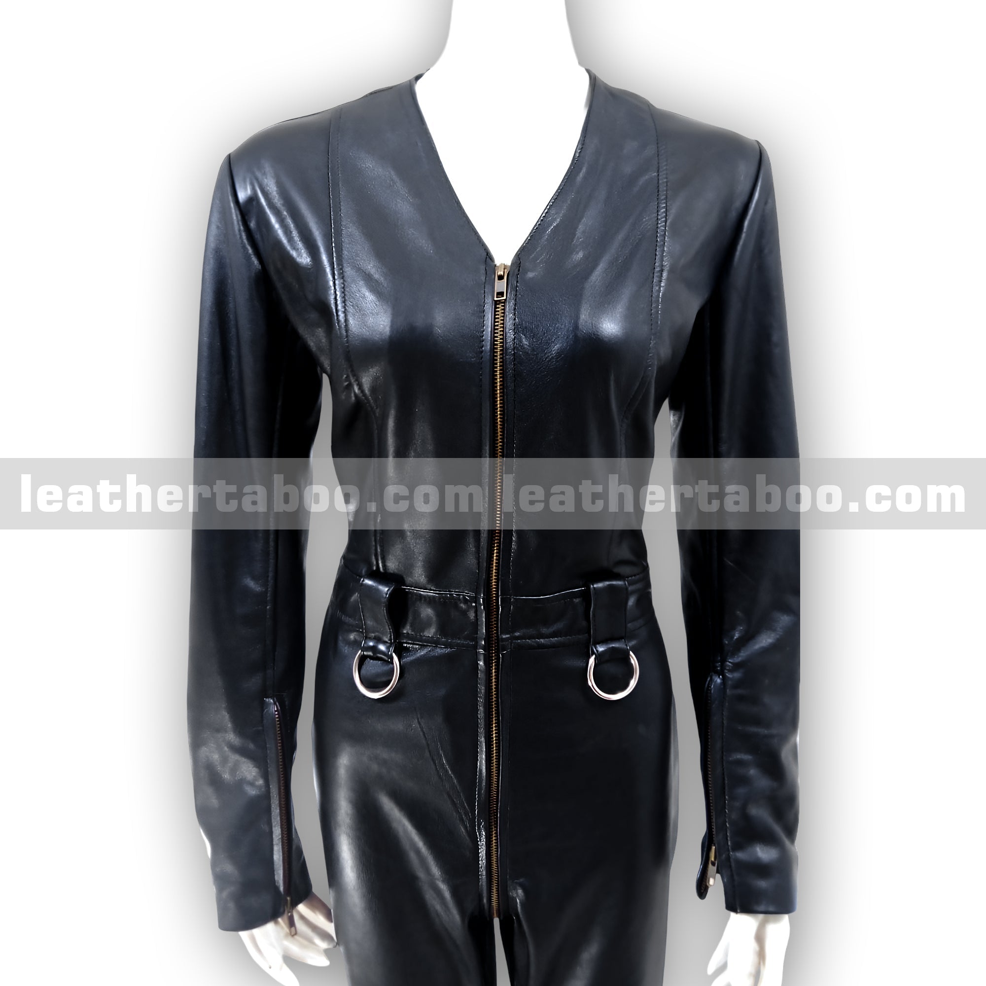 Women's Premium Sheepskin Leather Jumpsuit – Black Full-Body Zipper Suit with Ring Accents for Styling, Cosplay & Fashion Events - leather taboo