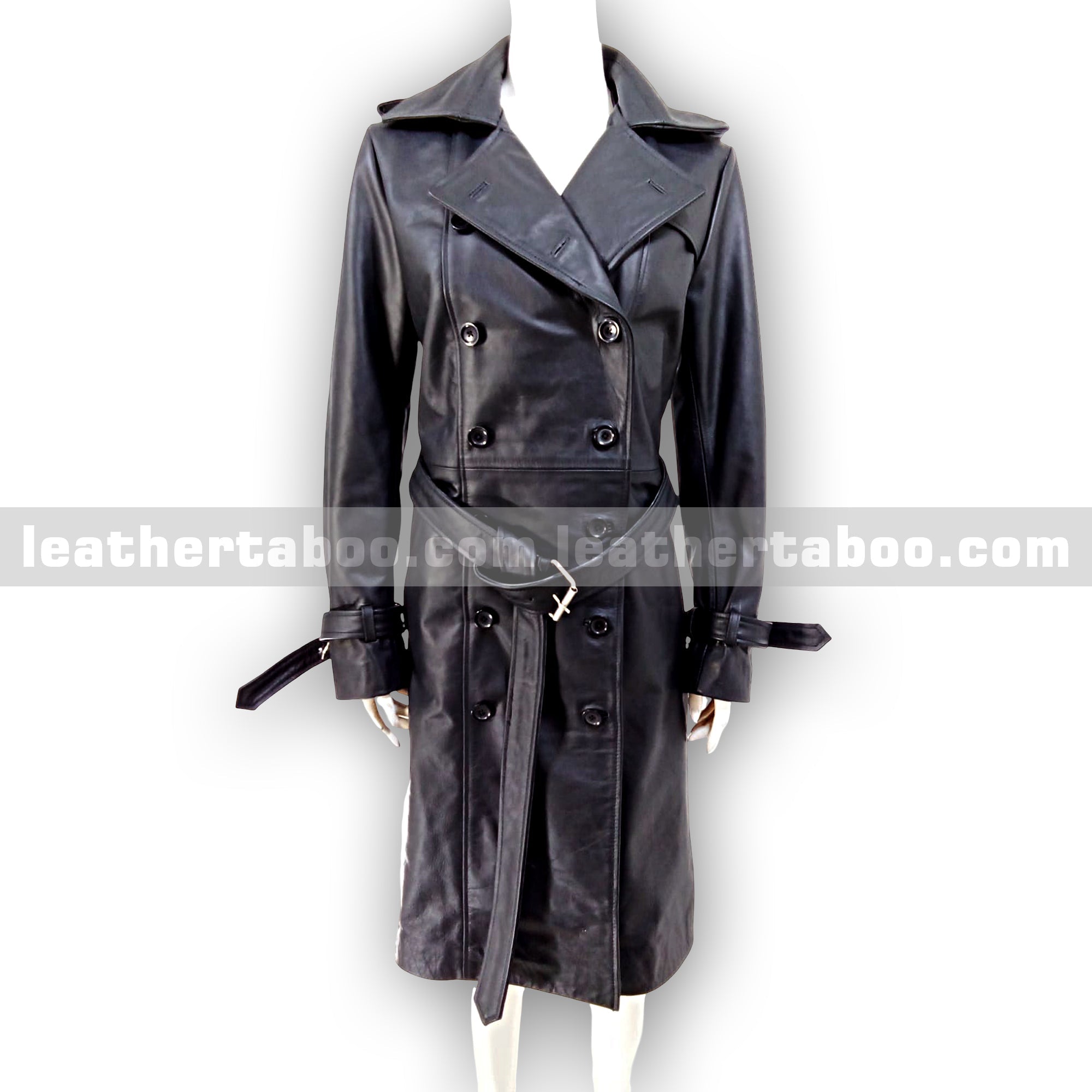Women's Long Double-Breasted Black Sheepskin Leather Trench Coat with Belted Waist & Cuffs – Classic Slim Fit Overcoat Style
