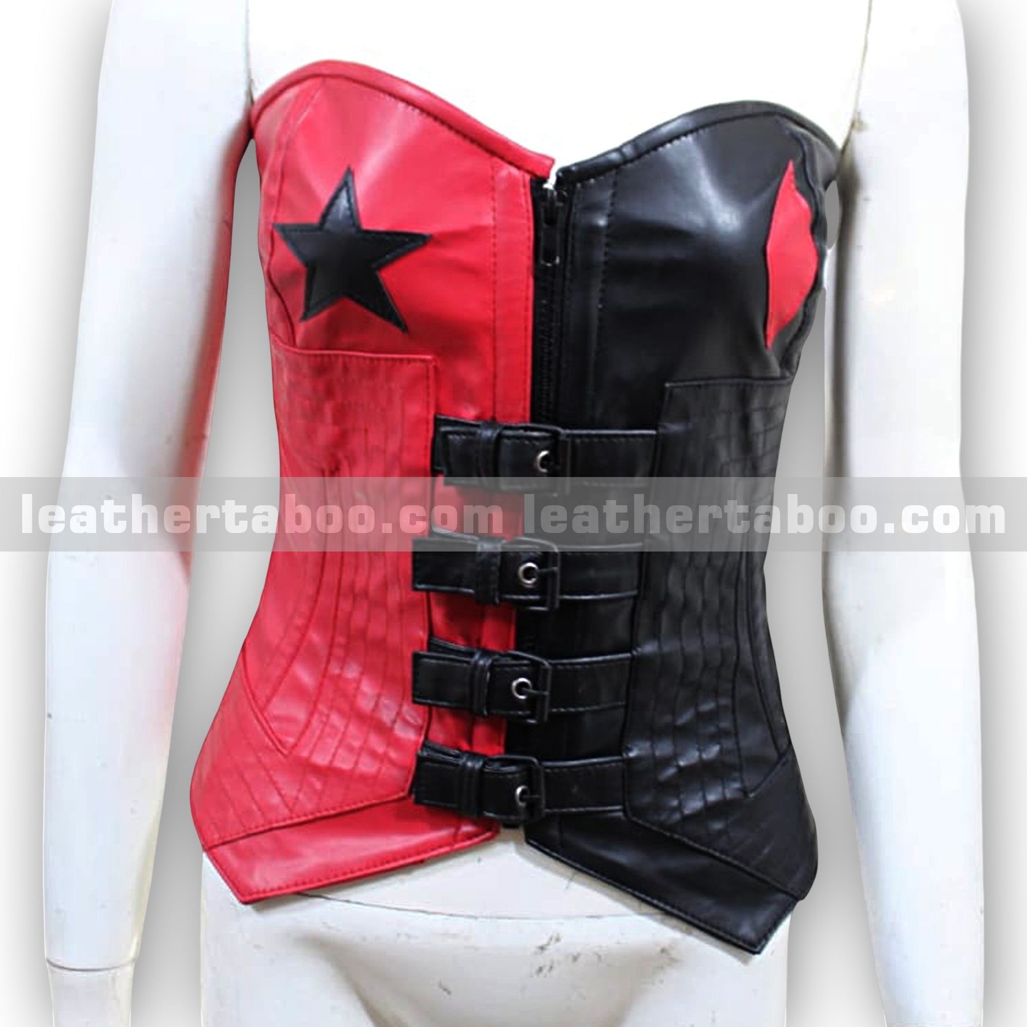 Red and Black Sheepskin Leather Corset Top for Women with Zipper and Buckle Detail β Premium Quality Structured Fit - leather taboo