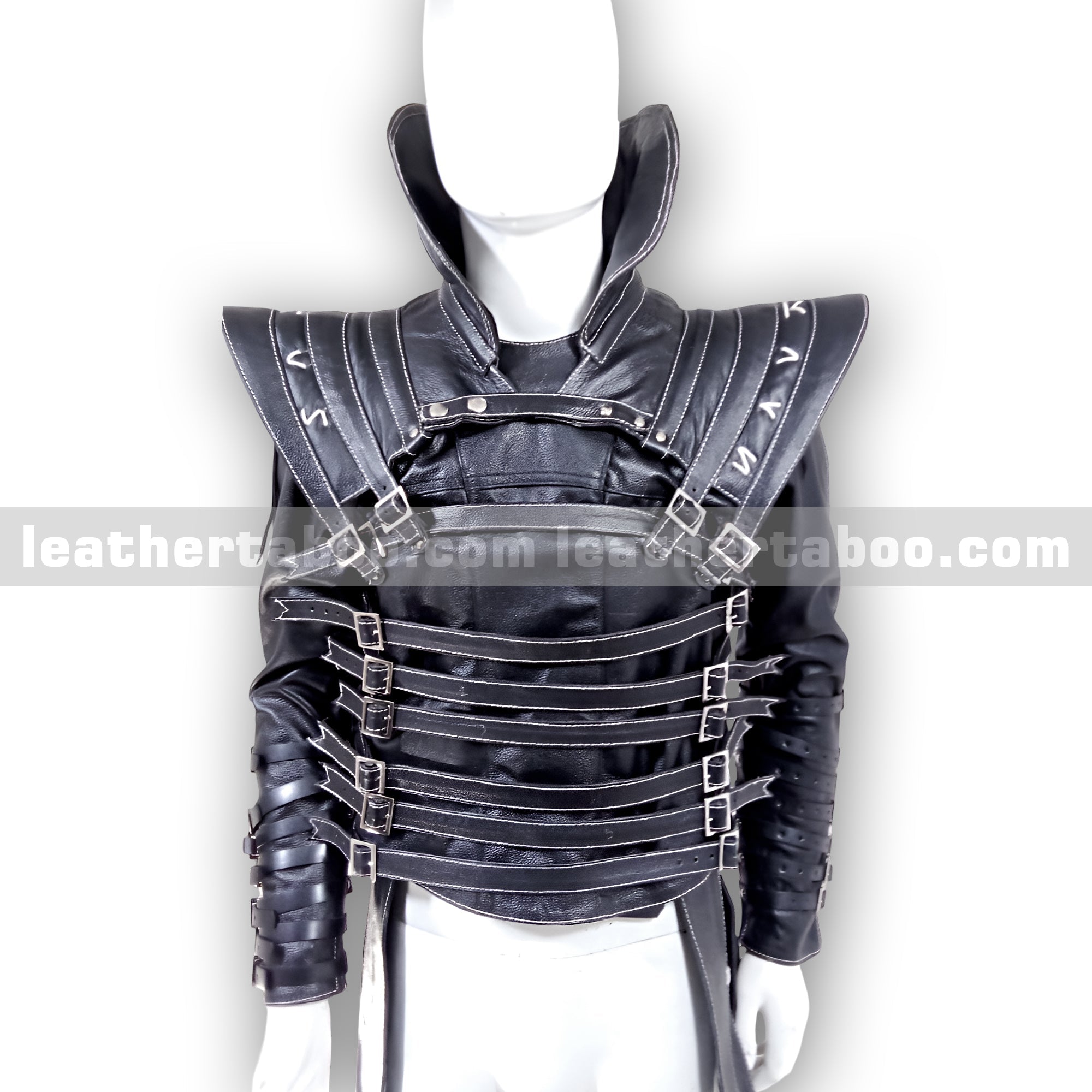 Premium Cowhide Leather Buckled Jacket for Men – Black Structured Design with Adjustable Straps and Shoulder Accents - leather taboo