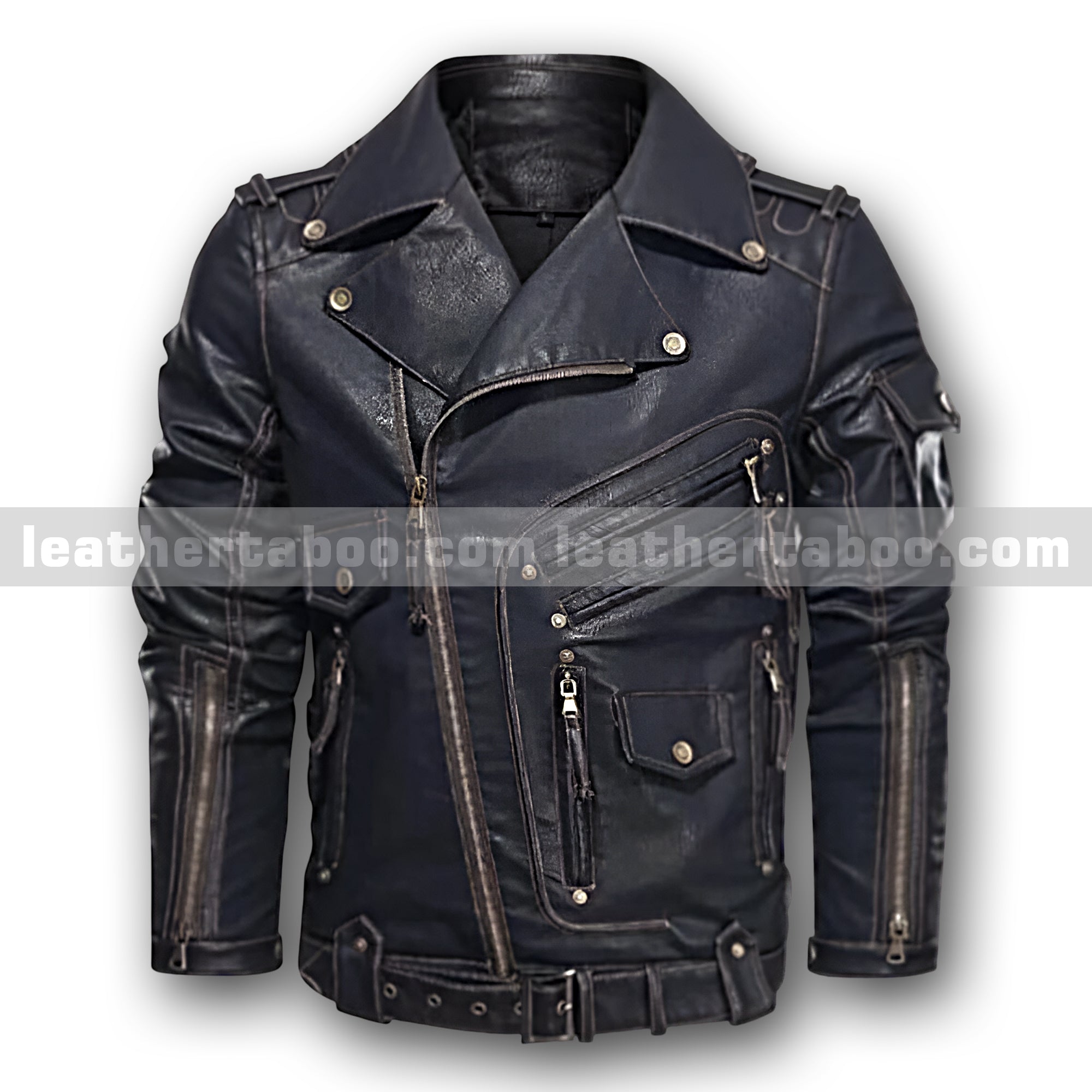 Men’s Black Premium Cowhide Leather Moto Jacket | Multi-Pocket Biker Jacket with Zipper Details & Adjustable Waist Belt - leather taboo