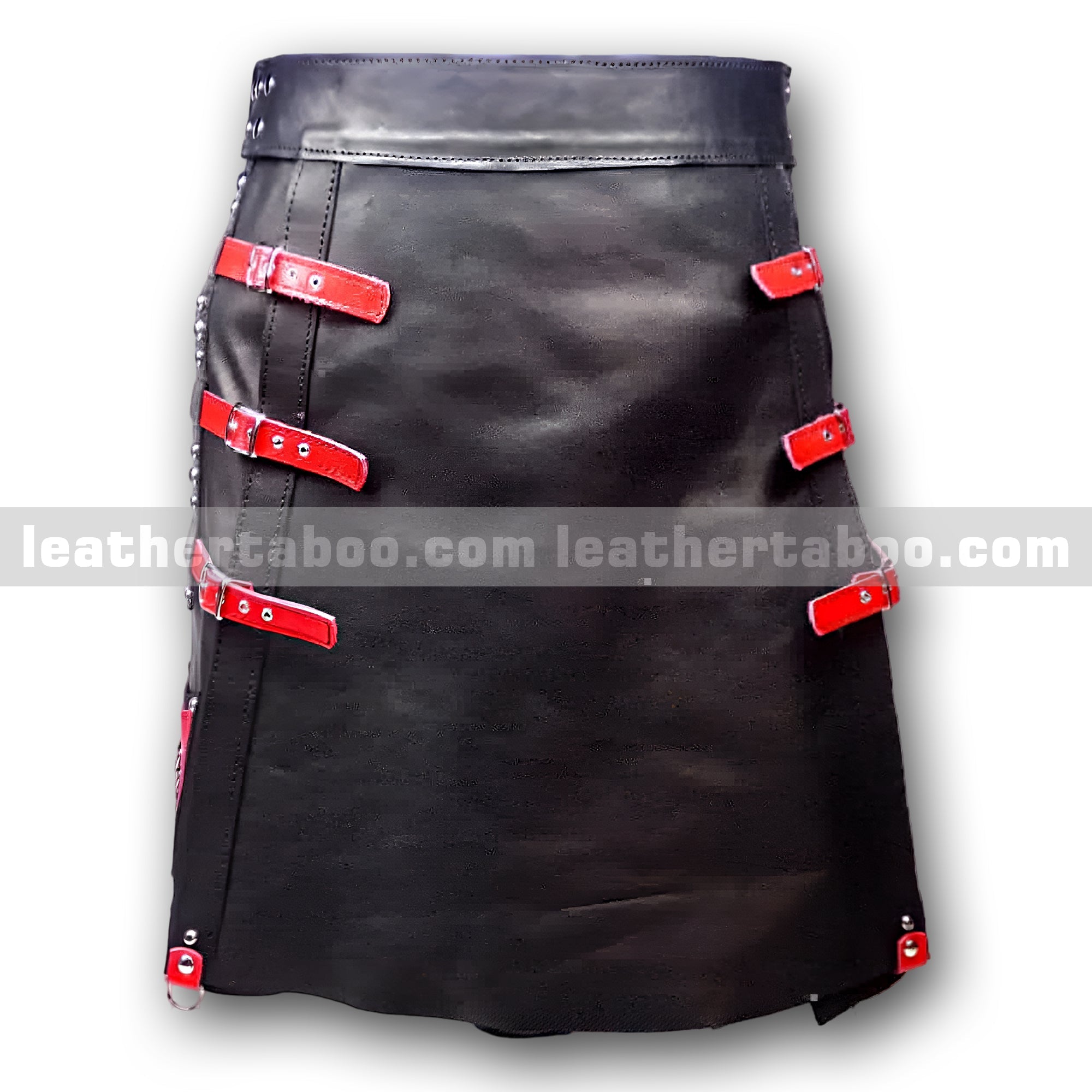 Unisex Premium Sheepskin Leather Black Skirt with Red Buckle Straps | Adjustable Waist Skirt for Fashion & Statement Wear - leather taboo