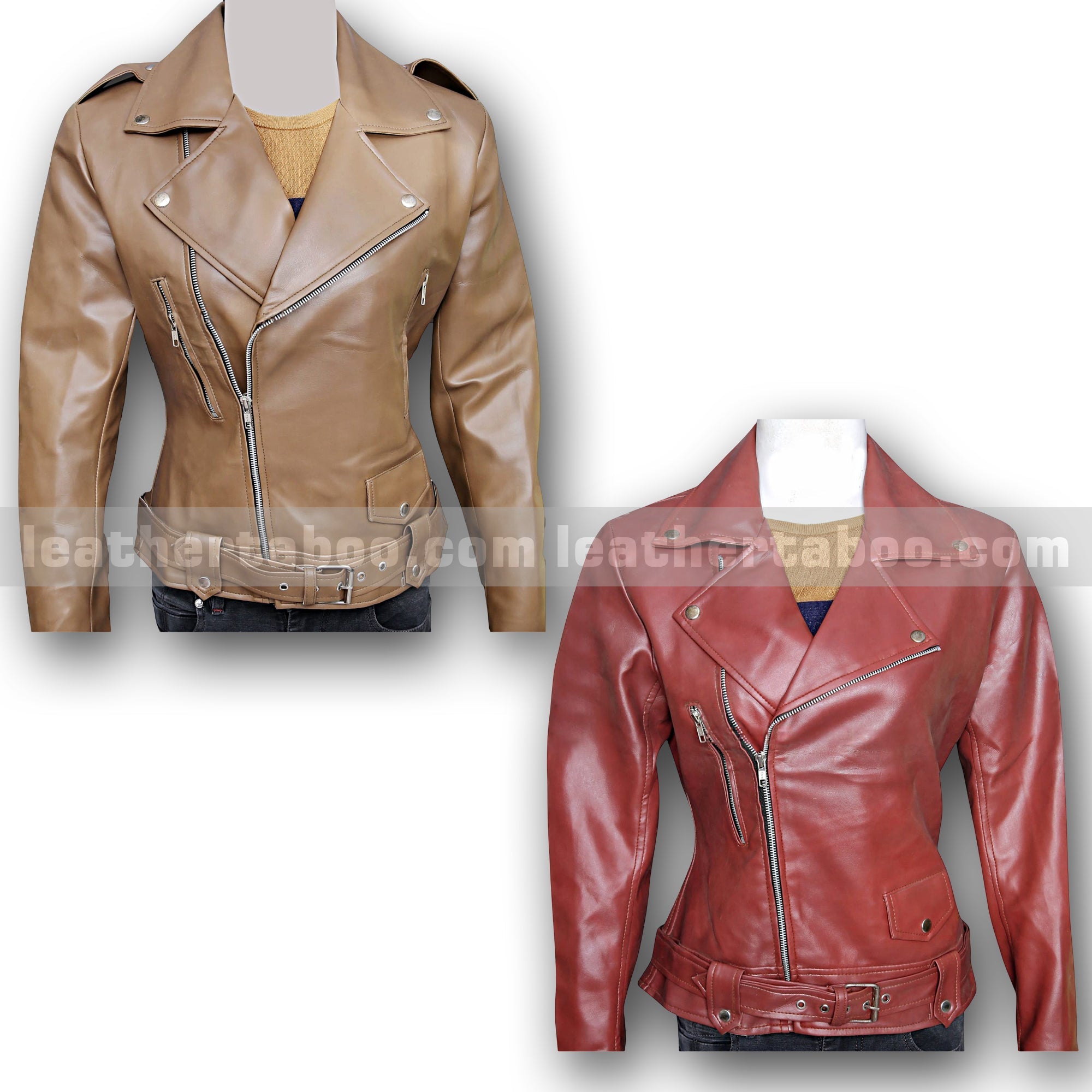 Women’s Camel Brown and Rich burgundy Sheepskin Leather Jacket | Biker Moto Style Outerwear with Belt & Zipper | Real Leather Fall Jacket - leather taboo