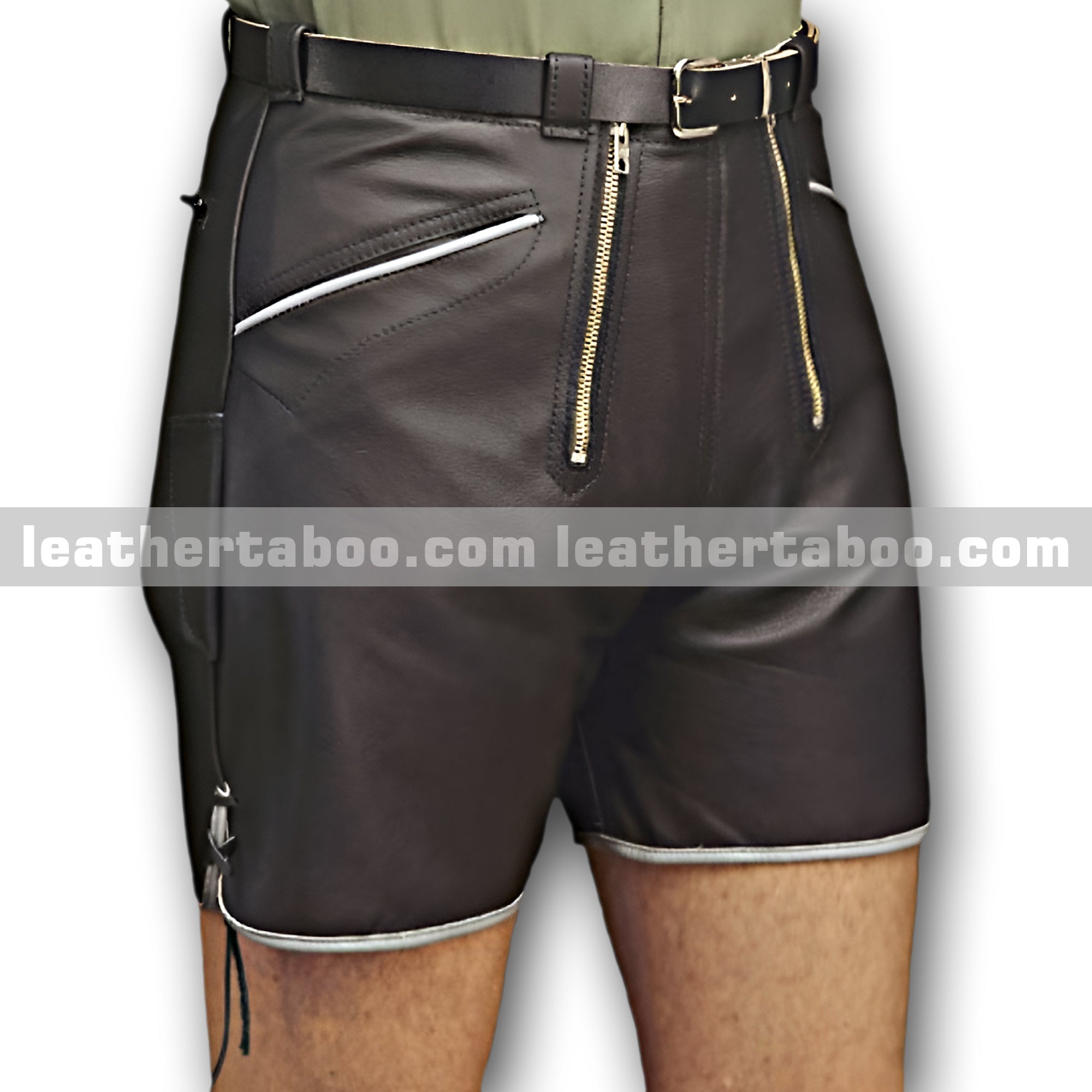 Men's Sheepskin Leather Shorts with Front Zippers and Side Laces – Dark Finish, Belt Loops, Contrast Trim, Edgy Streetwear - leather taboo