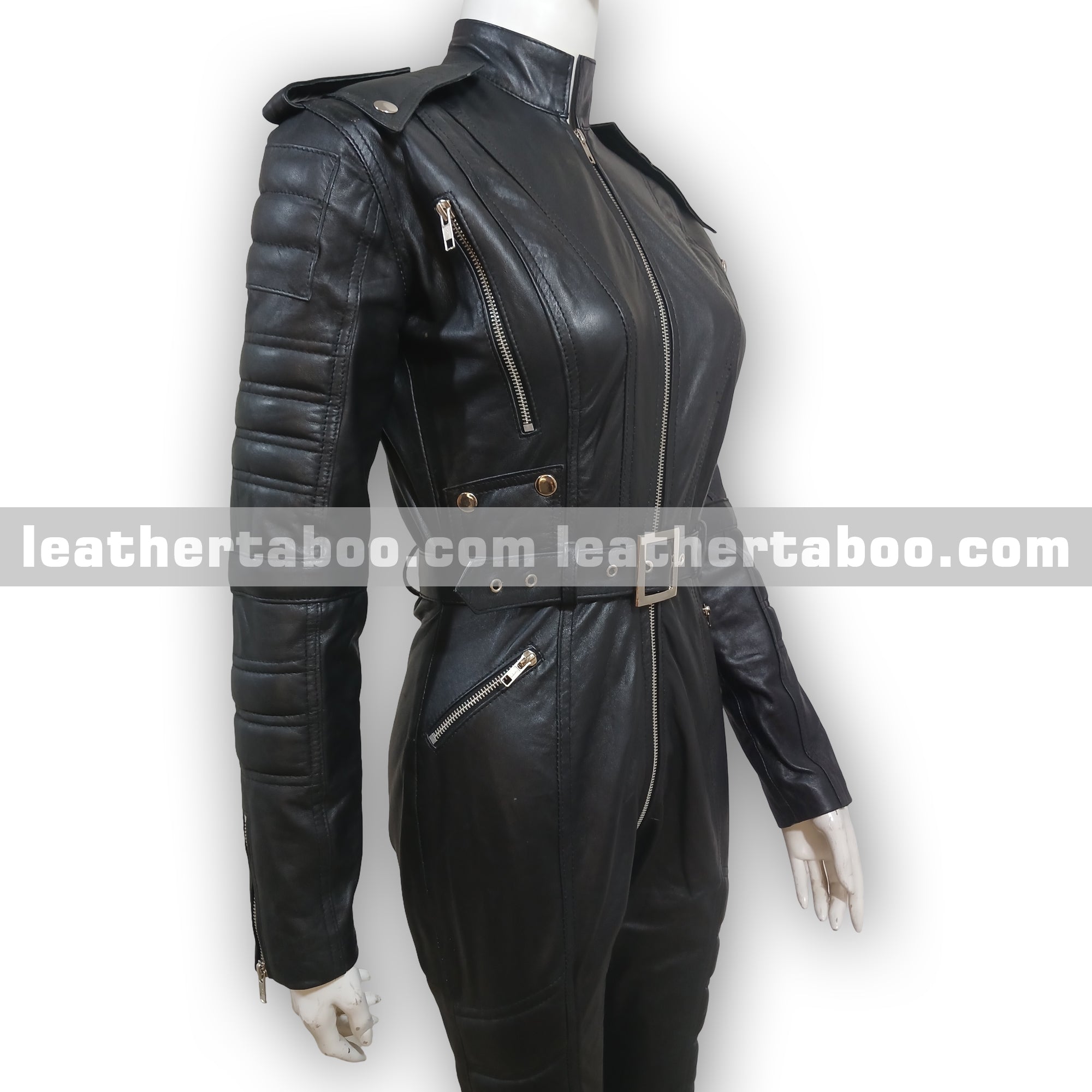 Women’s Black Sheepskin Leather Jumpsuit with Belt, Quilted Sleeves, Zipper Pockets, Shoulder Epaulets, Slim Fit Full Body Suit | Mature - leather taboo