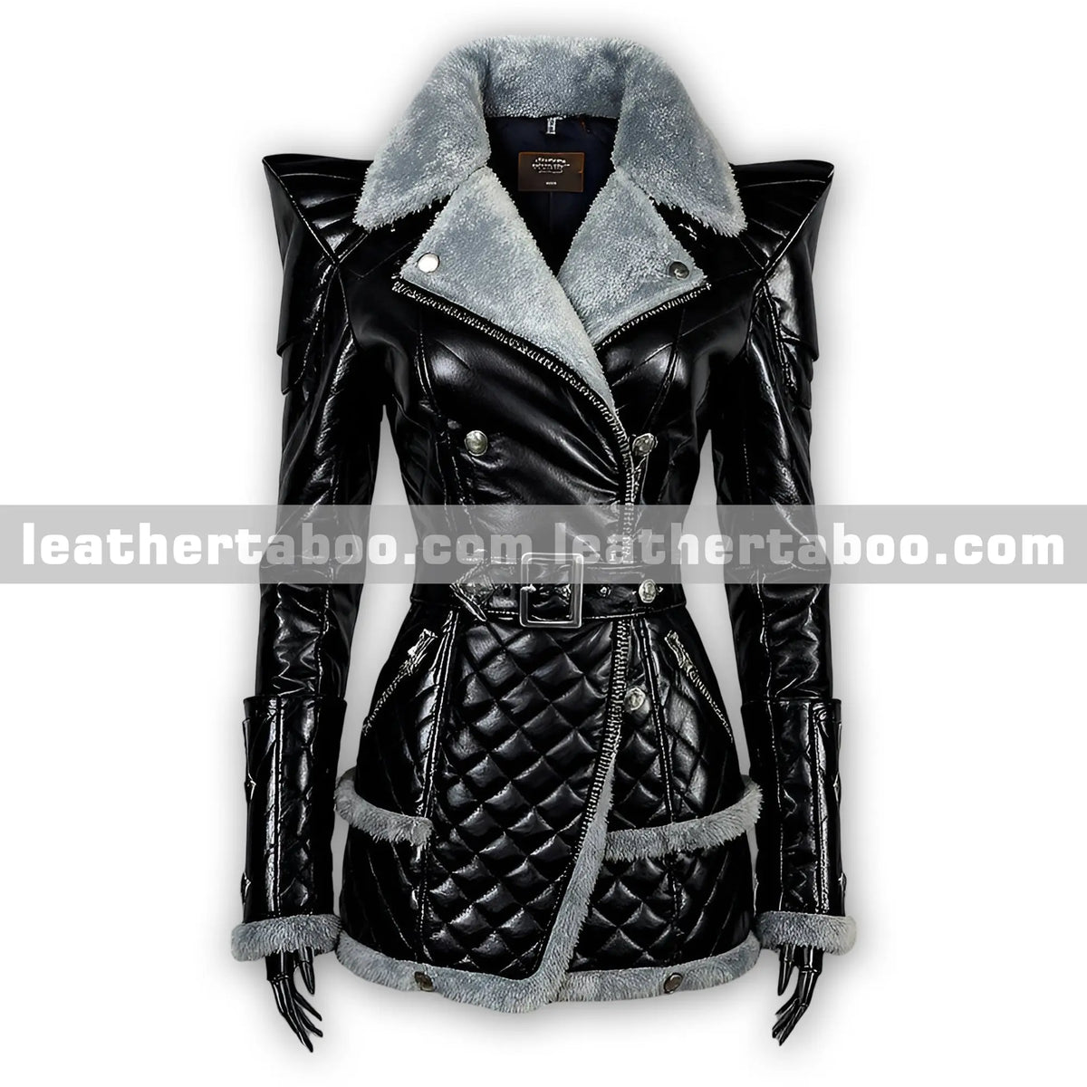 Premium Black Sheepskin Leather Winter Coat with Quilted Design, Soft Fur Trim, Belted Waist, and Front Zipper Closure - leather taboo