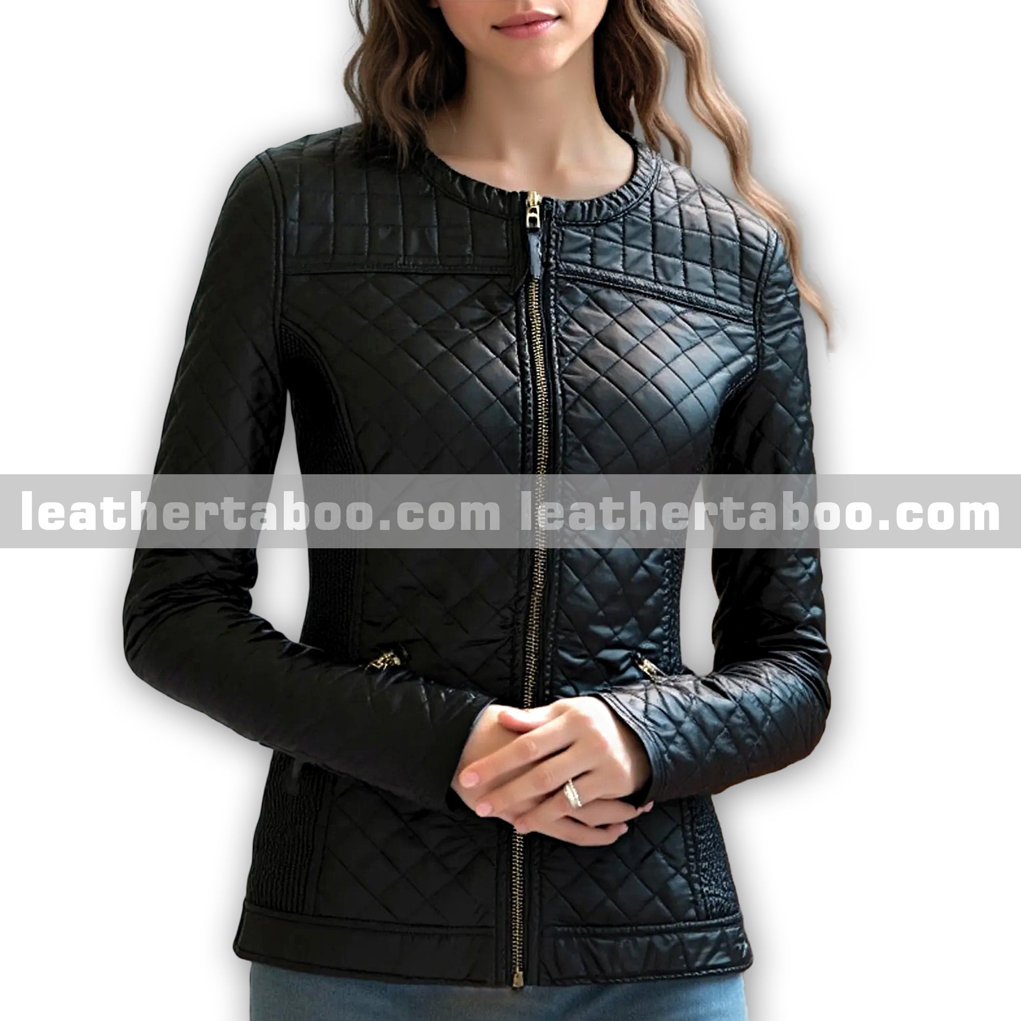 Quilted black leather jacket for women | Premium sheepskin with zipper closure | Stylish slim fit biker outerwear