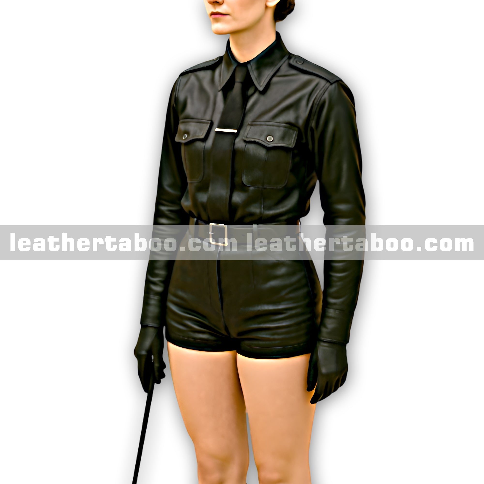 Women-s-Black-Sheepskin-Leather-Shirt-with-Belted-High-Waist-Shorts-Formal-Leather-Outfit-Stylish-Women-s-Outerwear leather taboo