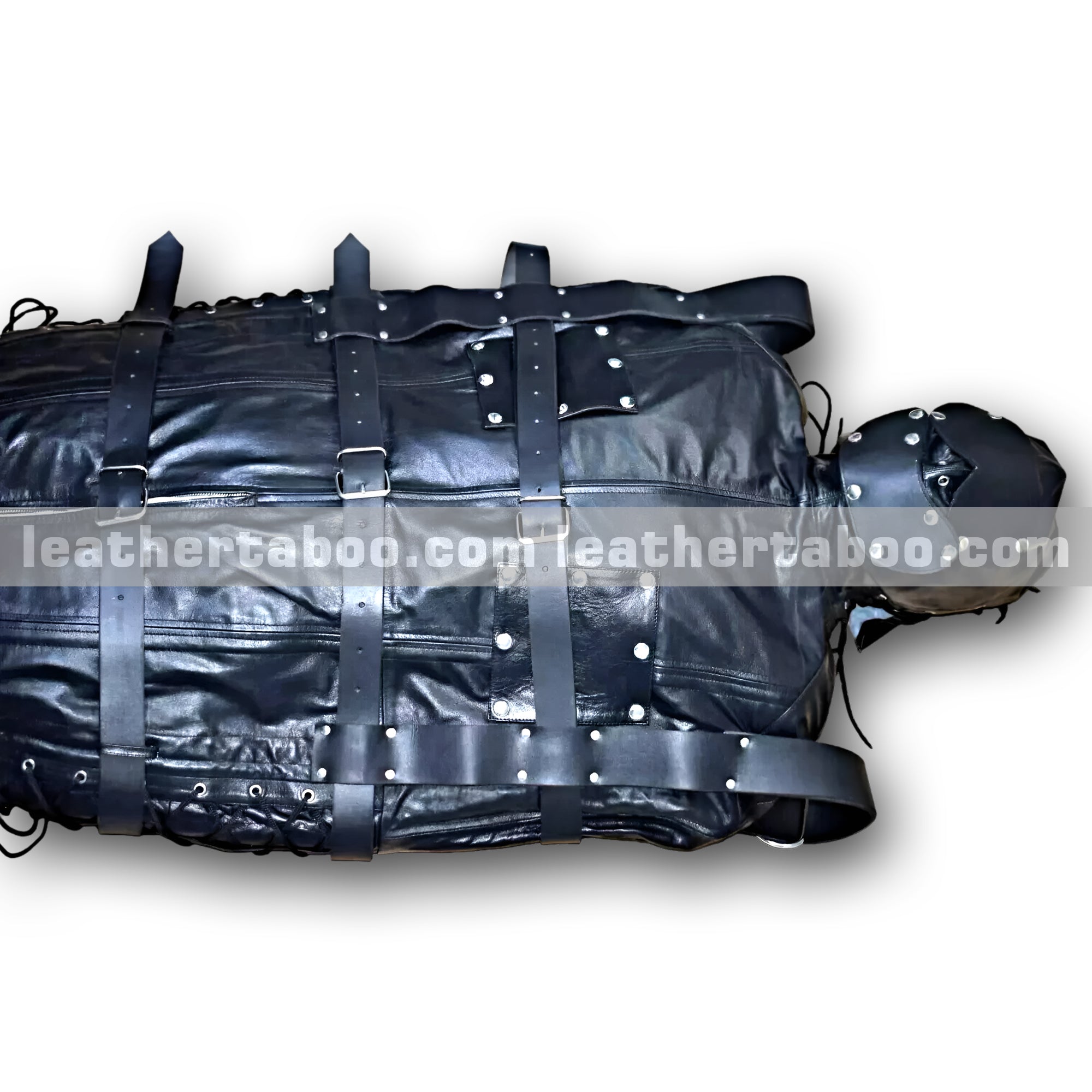 Custom-Real-Leather-Mummy-Body-Bag-Hood-Harness-Straitjacket-Belt-Set leather taboo