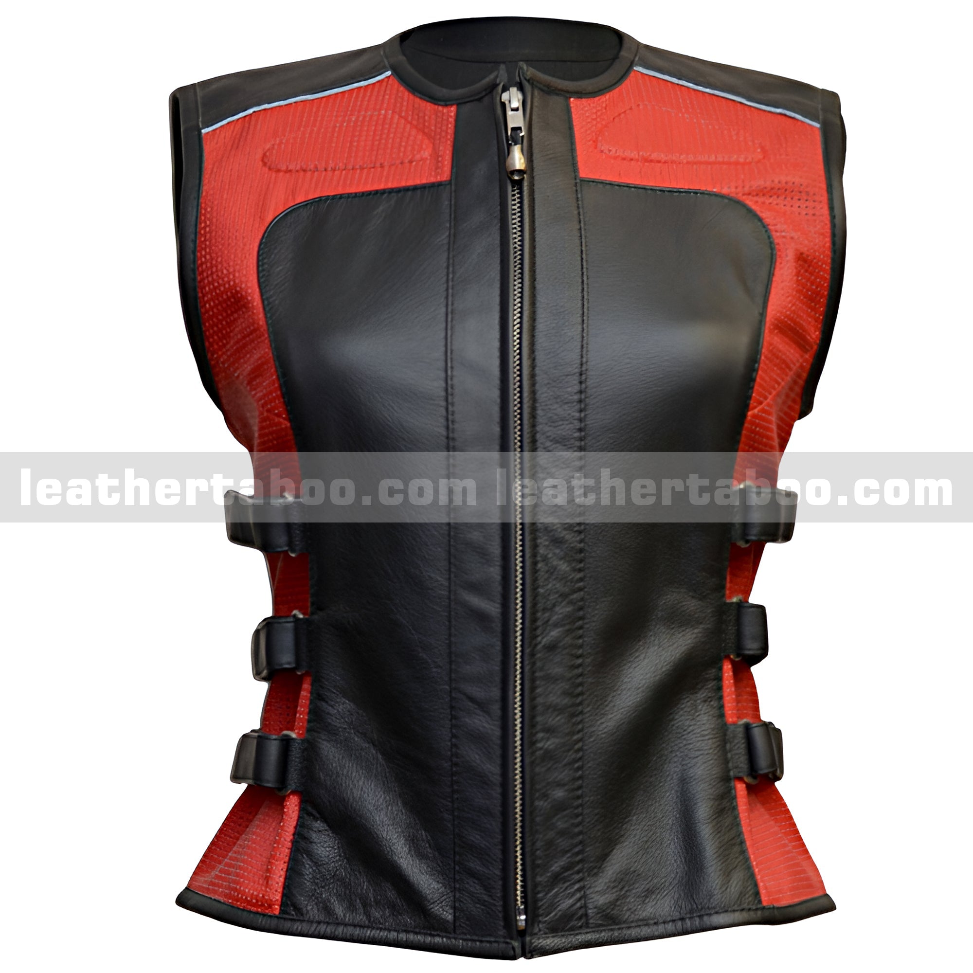 Ladies Motorcycle Vest Real Leather Women Vest Red and Black Biker Vest For Ladies
