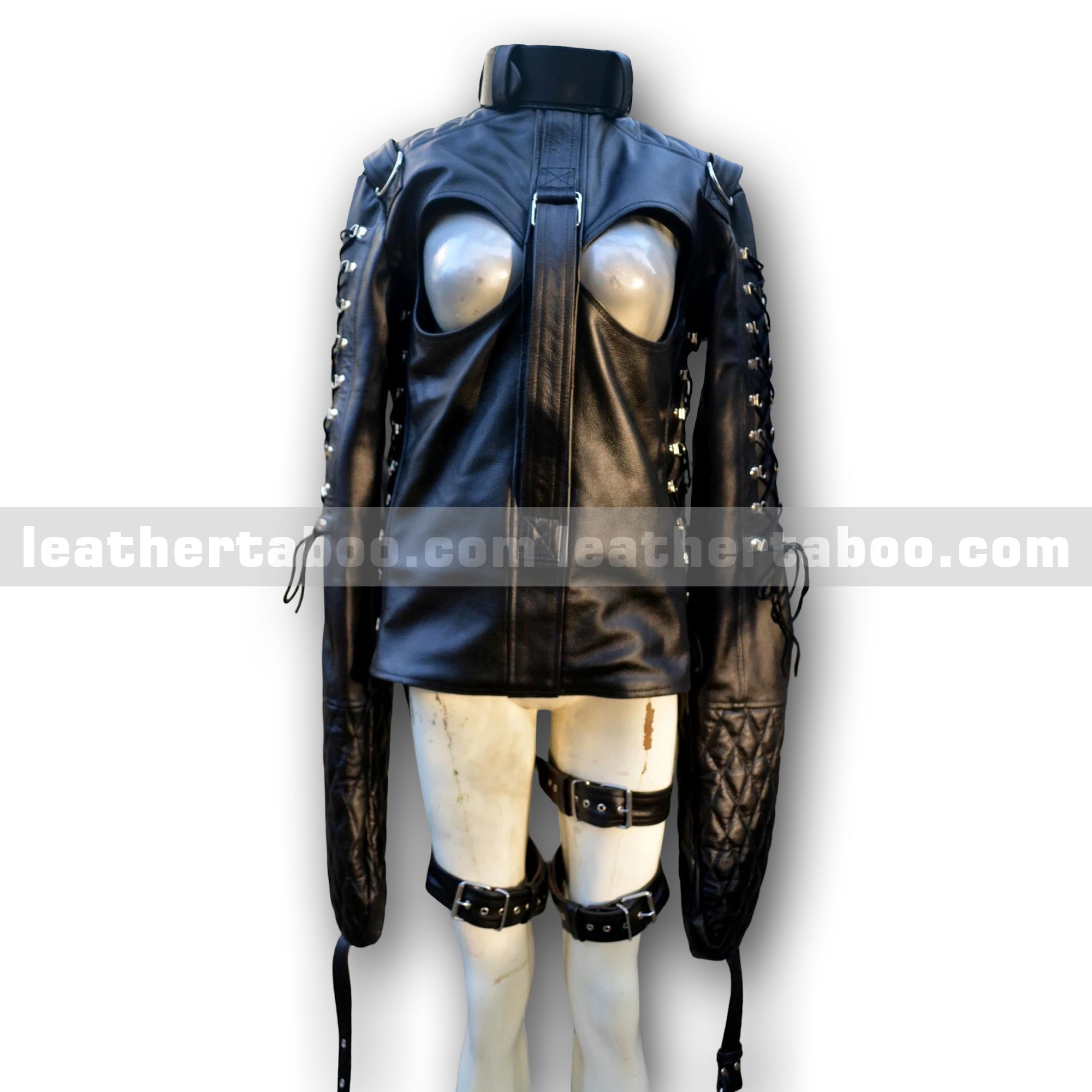 Women's Premium Cowhide Leather Straitjacket with Exposed Breast Cutouts - leather taboo