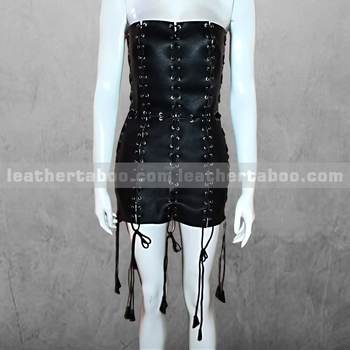 Black-Leather-Lace-Up-Mini-Dress-Strapless-Gothic-Corset-Bodycon-Dress-for-Women-Handmade-Clubwear-Outfit leather taboo